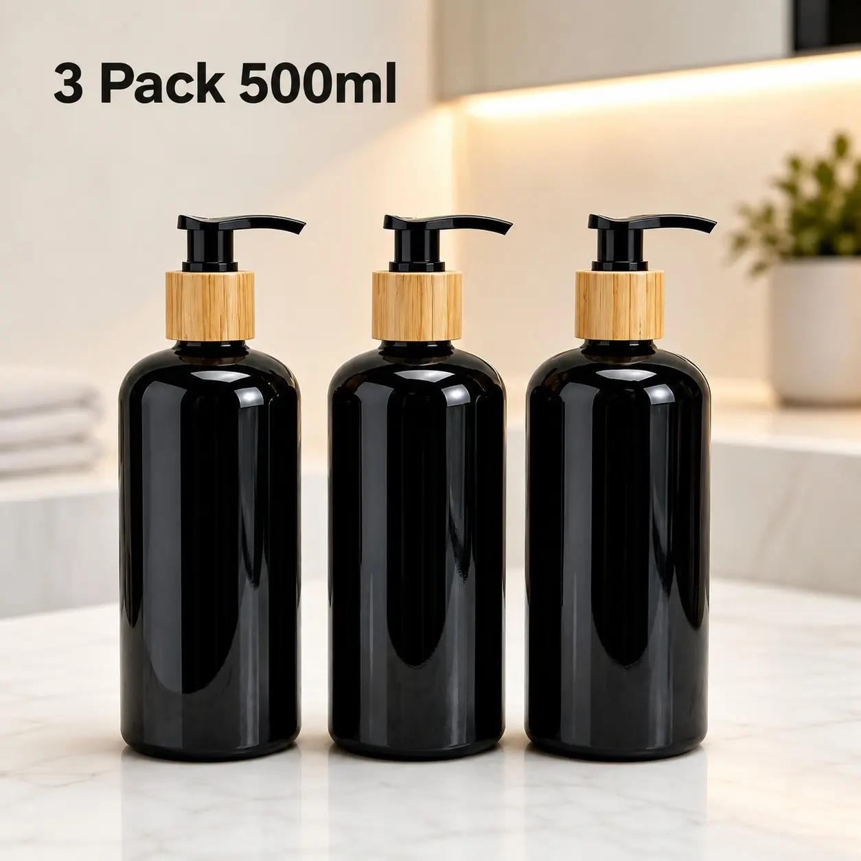 3 Pack 500ml Refillable Pump Bottles, Black Soap Dispenser Set with Bamboo Collars for Shampoo, Body Wash & Hand Wash