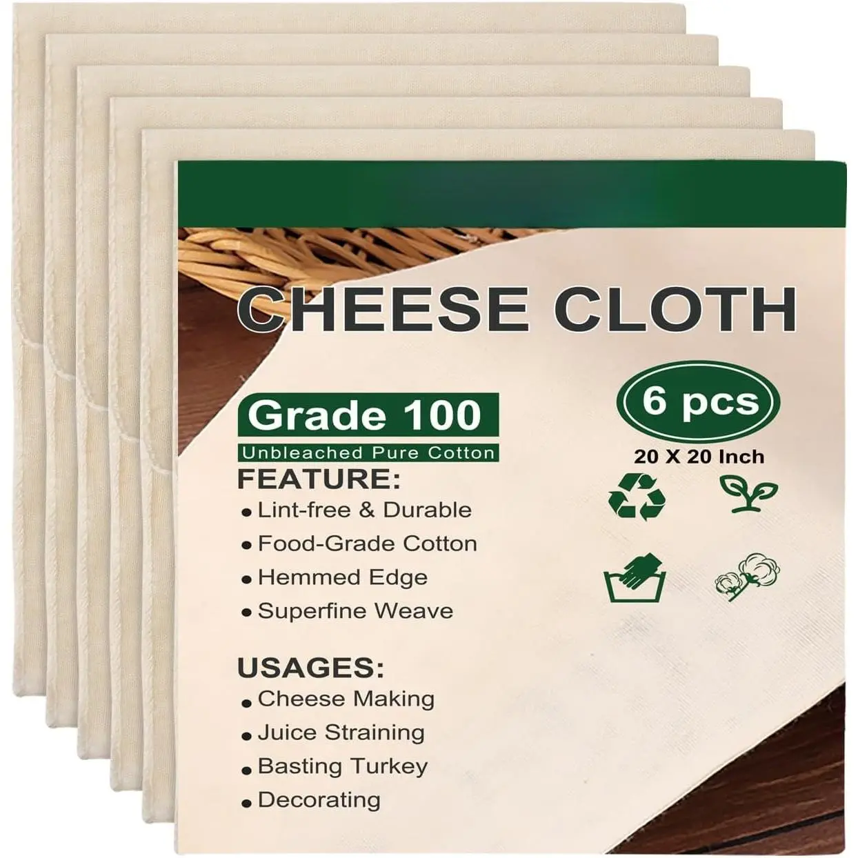 Unbleached Cotton Straining Cloth (6 Count, 20x20 in) - Grade 100 Fine Mesh Cheese Cloths with Hemmed Edges, Washable for Straining, Cheese Making, Table Runner Use