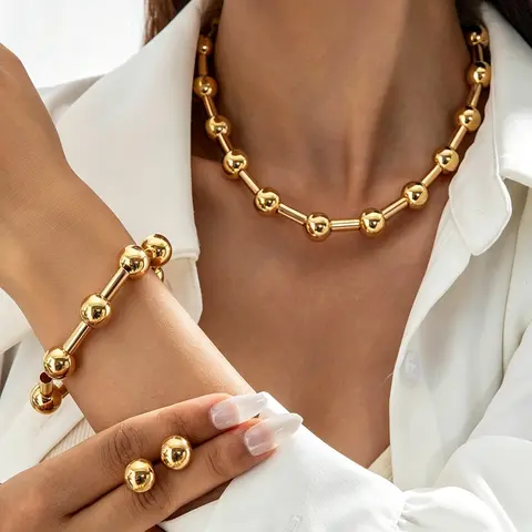 Minimalist, Understated Style: Round Bead Personalized Mix-and-Match Jewelry Sets 4-Piece Set (Necklace, Earrings, Bracelet) — Niche Designs for Women, Everyday and Commute Fashion Accessories