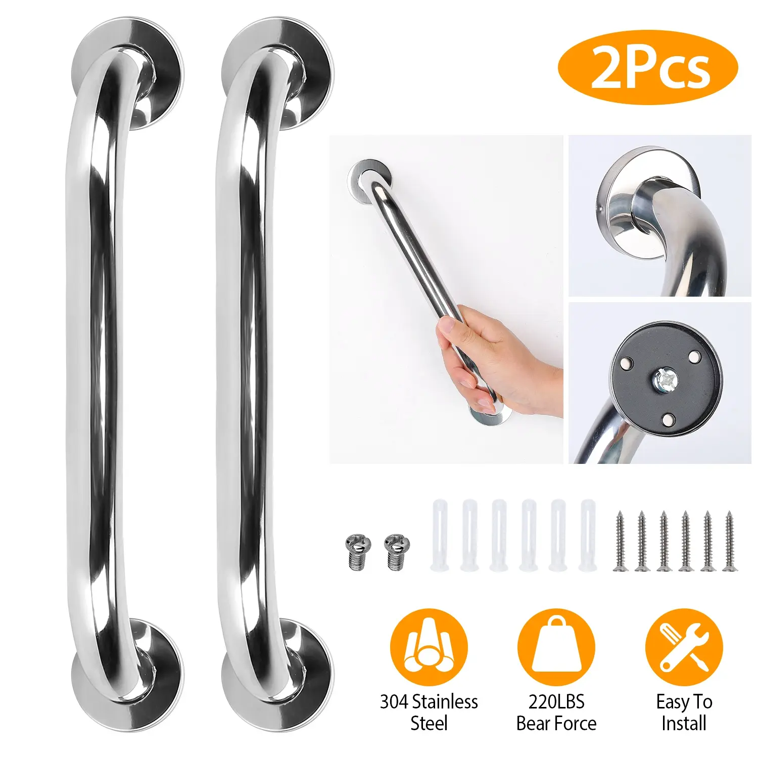 2-Pack 19.7-Inch Shower Grab Bars, 304 Stainless Steel Bathroom Safety Handrails, Wall-Mounted Support Handles for Bathtub, Toilet, Shower and Stairway