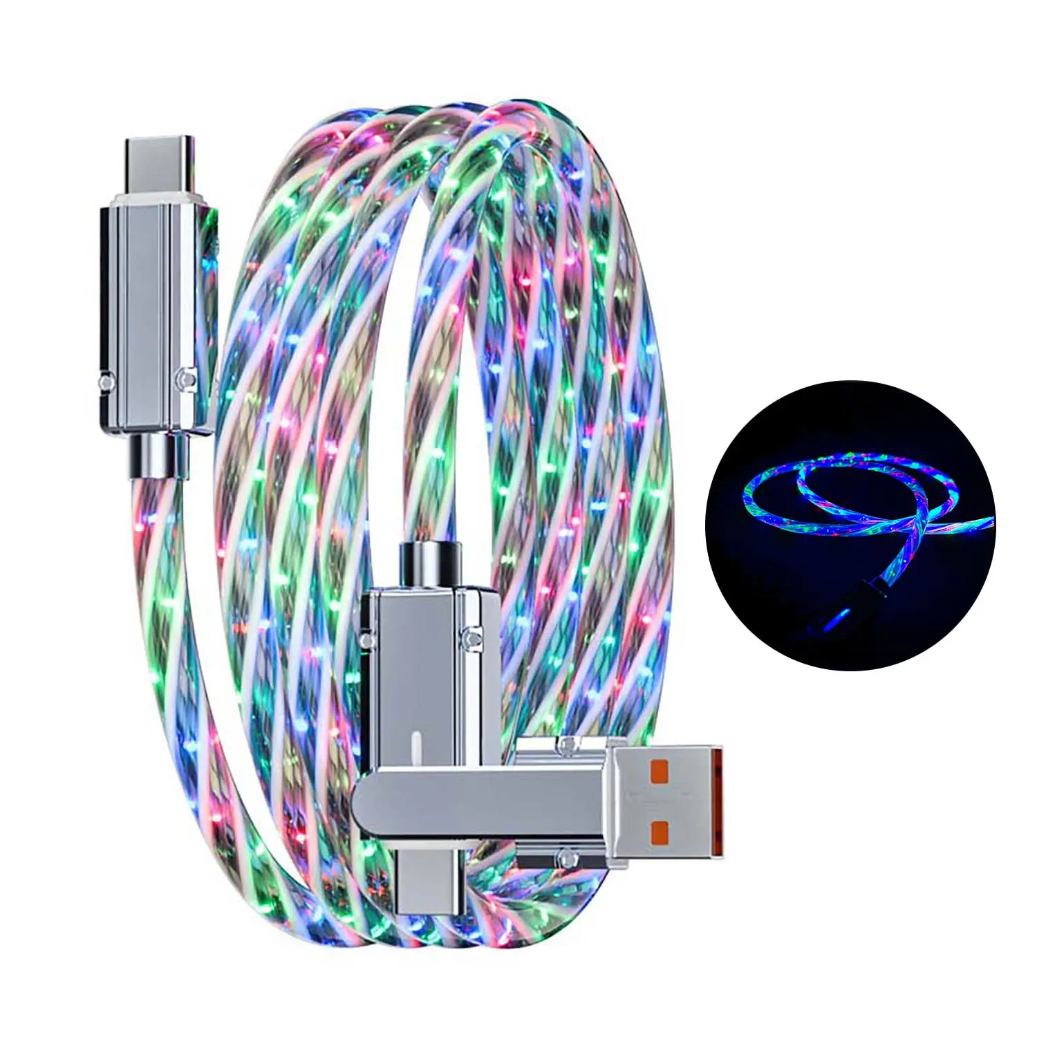 RGB  Multi  2 in 1 3.3FT Starlight Colorful Glowing USB Type C ,RGB LED Light up USB A/C to USB C,60W/6A Ultra-Durable   Wire,Compatible with USB-C Devices