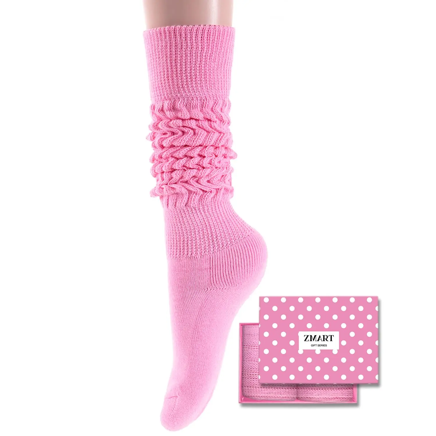 Zmart Funny Pink Socks for Women Teen Girls, Pink Slouch Socks, Pink Scrunch Socks, Thick Long High Knit Socks, Gifts for the 80s 90s, Vintage Solid Color Socks