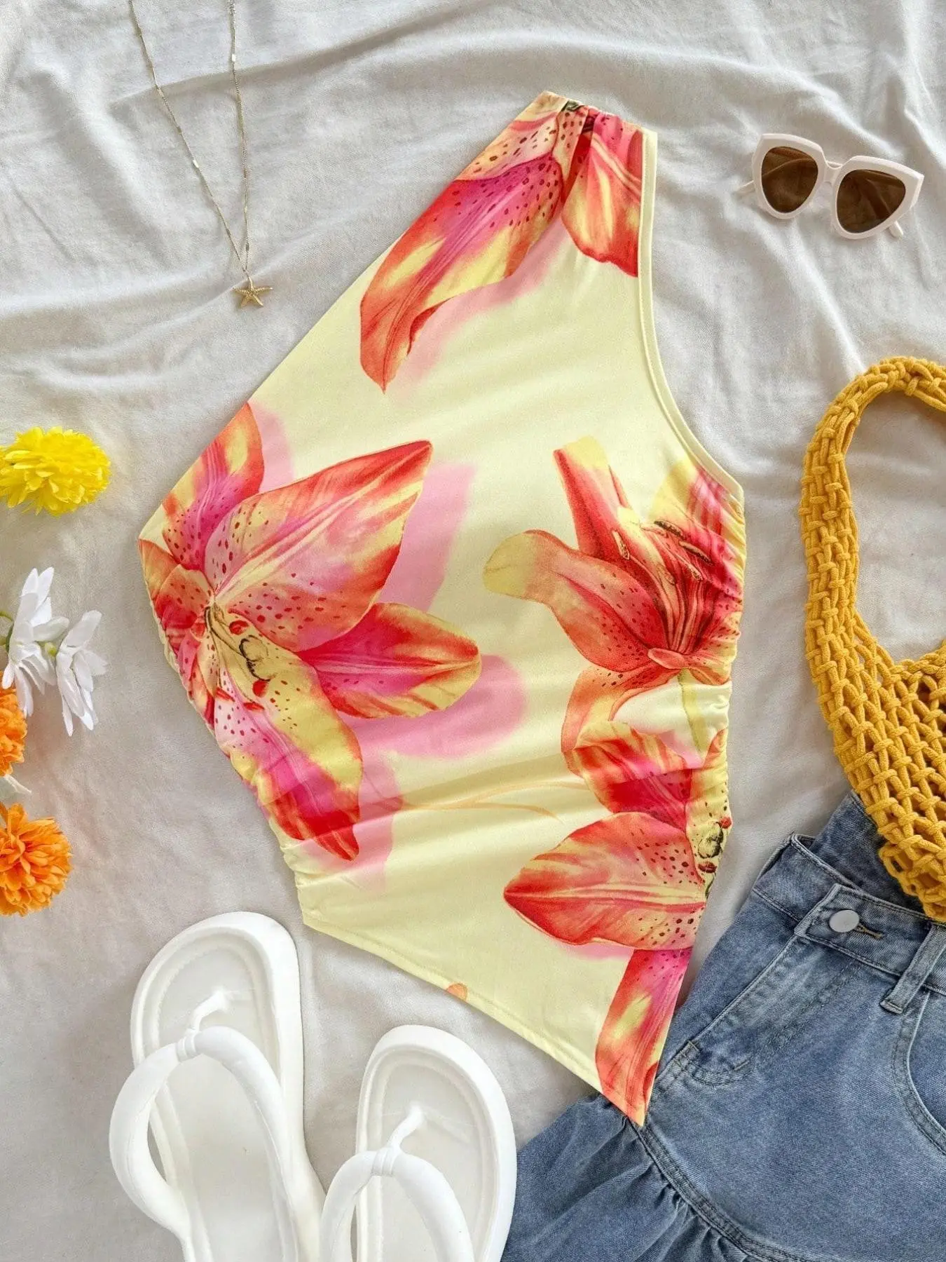 Women's Fashion Summer Casual Print Asymmetric Shoulderless Shirt, Ultra-Thin Casual Flattering Sleeveless Elegant Top, Perfect for Daily Wear
