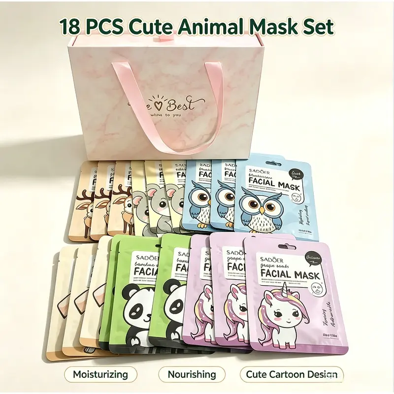 18Pcs 6 Styles Cute Animal Facial Mask Kit Portable Gift Bag Design Hydrating Soothing Facial Sheet Mask Holiday Present For Girls Cute Cartoon Animal Face Mask Gift Box