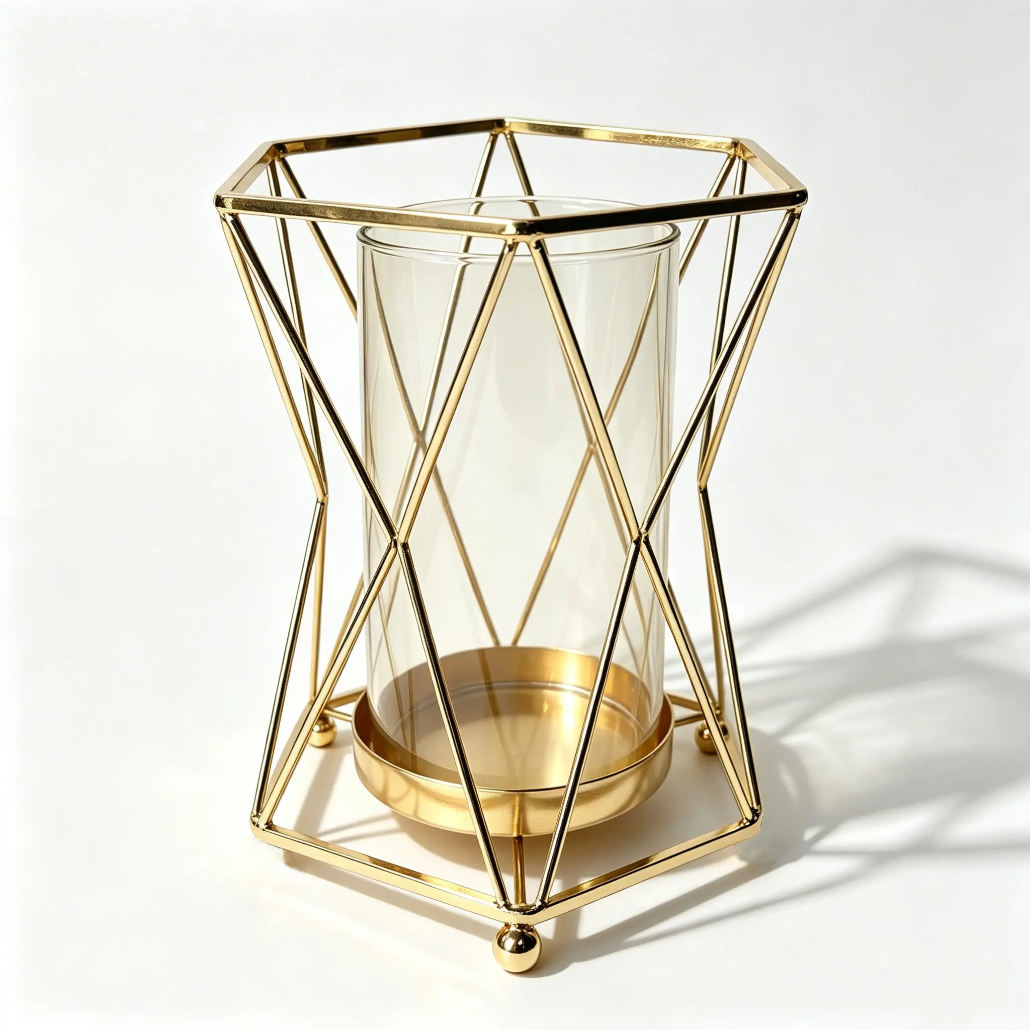 Geometric Metal Frame Vase, Detachable Transparent Glass Cylinder, Modern Minimalist Table Centerpiece, Home Decor Gift