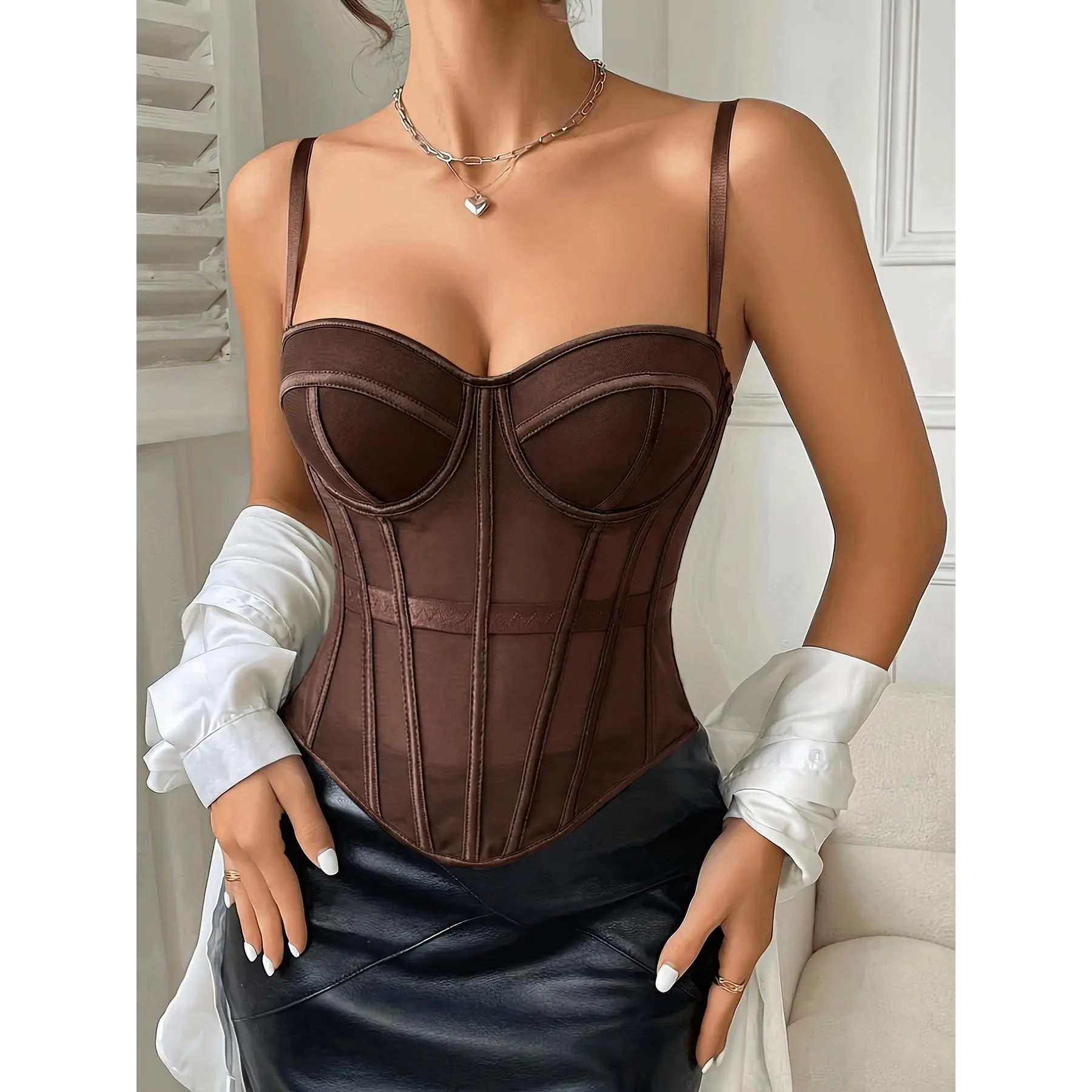 Women's Brown Mesh Panel Off Shoulder Strapless Top, Sexy Backless Multi-Row Button Bodysuit, Fishbone Cup Corset Bustier with Adjustable Straps, Breathable Mesh Built-in Bra, Curved Hem Elastic Waist Shaping Top Elegant Fabric