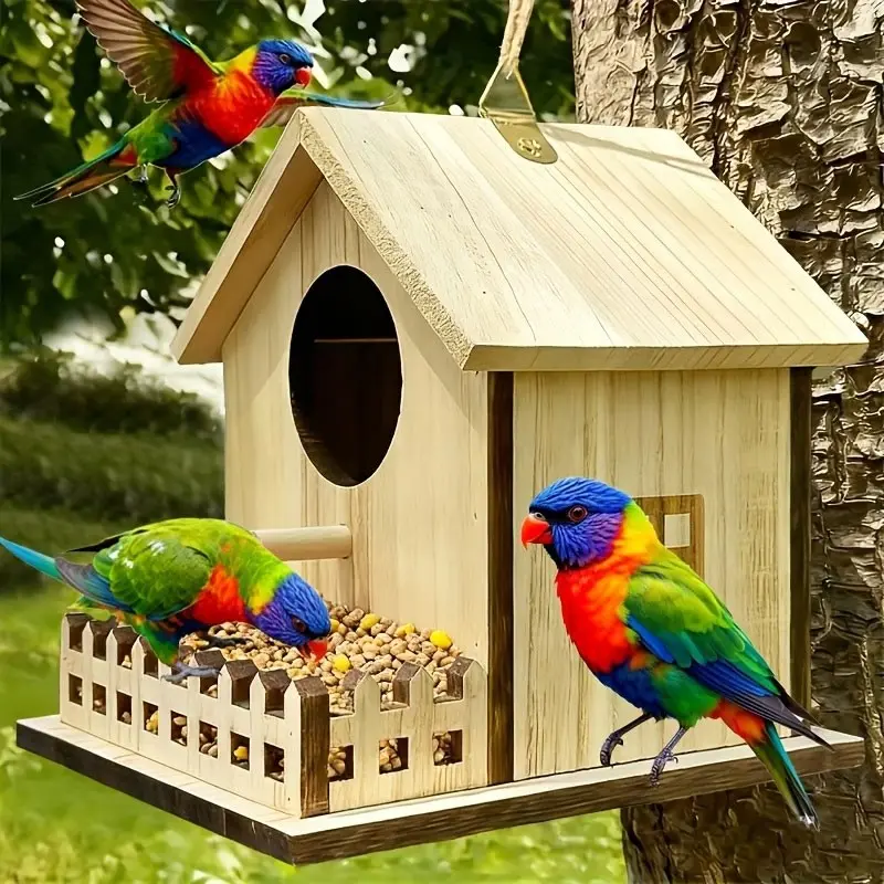A suspended birdhouse, Hanging birdhouse, with a fence, featuring an independent feeding area, rainproof and windproof, made of natural wood, safe and shock-resistant, with spacious interior space, suitable for small birds and parrots