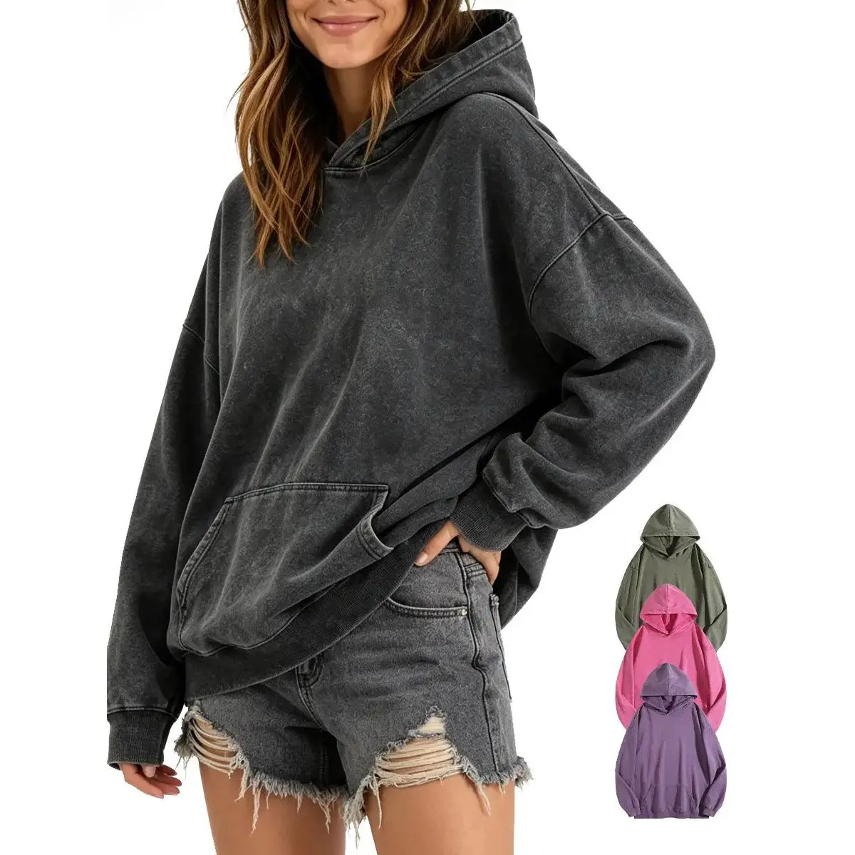 Men's 2-Pcs Acid Washed Hooded Neck Hoodie - Unisex Relaxed Fit Soft Cotton Solid Plain Hangable Pullover, Machine Wash Streetwear Top for Fall, Daily Leisure