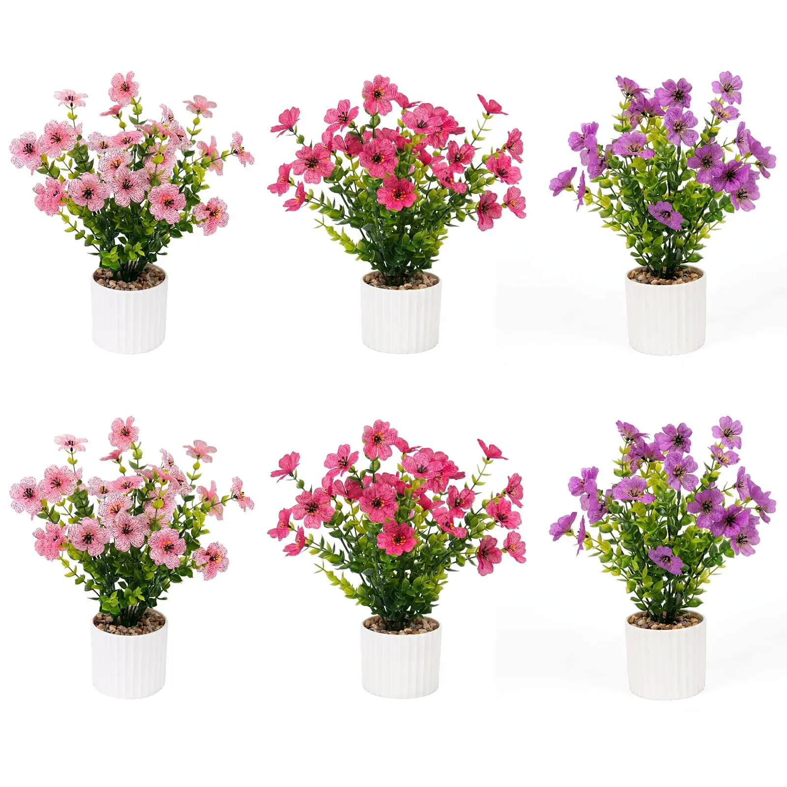 6-Pack Faux Potted Artificial Flowers, Mini Tabletop Plants - Rustic Plastic Pots - No Maintenance - Desk Home & Office Decor Centerpieces