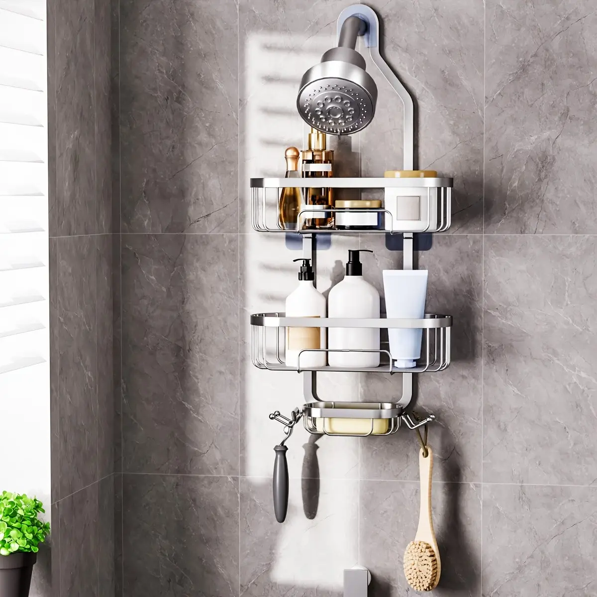 Over-The-Head Shower Organizer with Hooks, Shower Caddy Hanging Bathroom Organizer, Rustproof Shower Shelf for Inside Shower - No Drilling Shower Racks Over Showerhead - Bath Shower Shelves Rack for Shampoo Soap