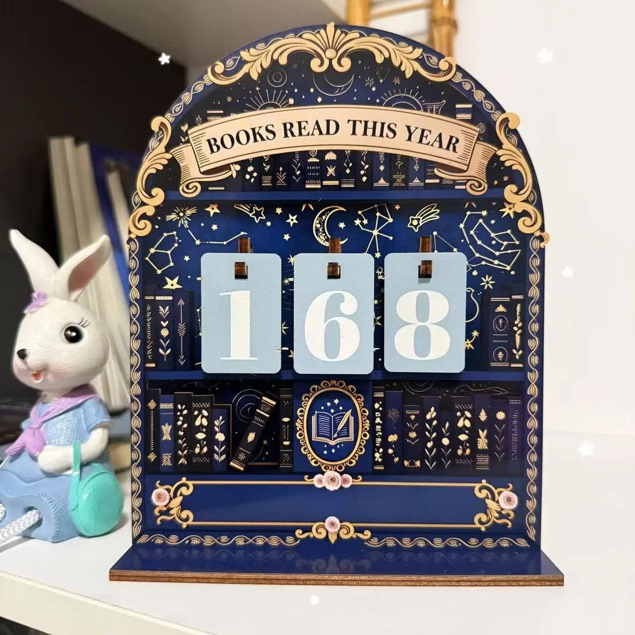 Vintage Style Wooden Reading Tracker Set, Figurine, Statue, Statues Figurines, Track Up to 999 Books Per Year, Ideal for Reading Challenge Tracking, Bookshelf Decor, Decorative Home Ornament, Creative Home Decor