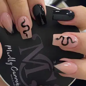 24 Pcs Square Press-On Nails, Nude Base Tips, Hand-Drawn Snake Pattern, Reusable with Jelly Glue and File, Perfect for Daily Use