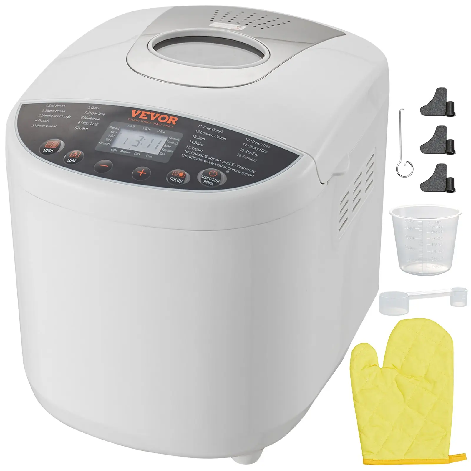 【toolupgrade】VEVOR Bread Maker, 19-in-1 2LB Dough Machine, Nonstick Ceramic Pan Automatic Breadmaker with Gluten Free Setting, Whole Wheat Bread Making, Digital, Programmable, 3 Loaf Sizes, 3 Crust Colors, White