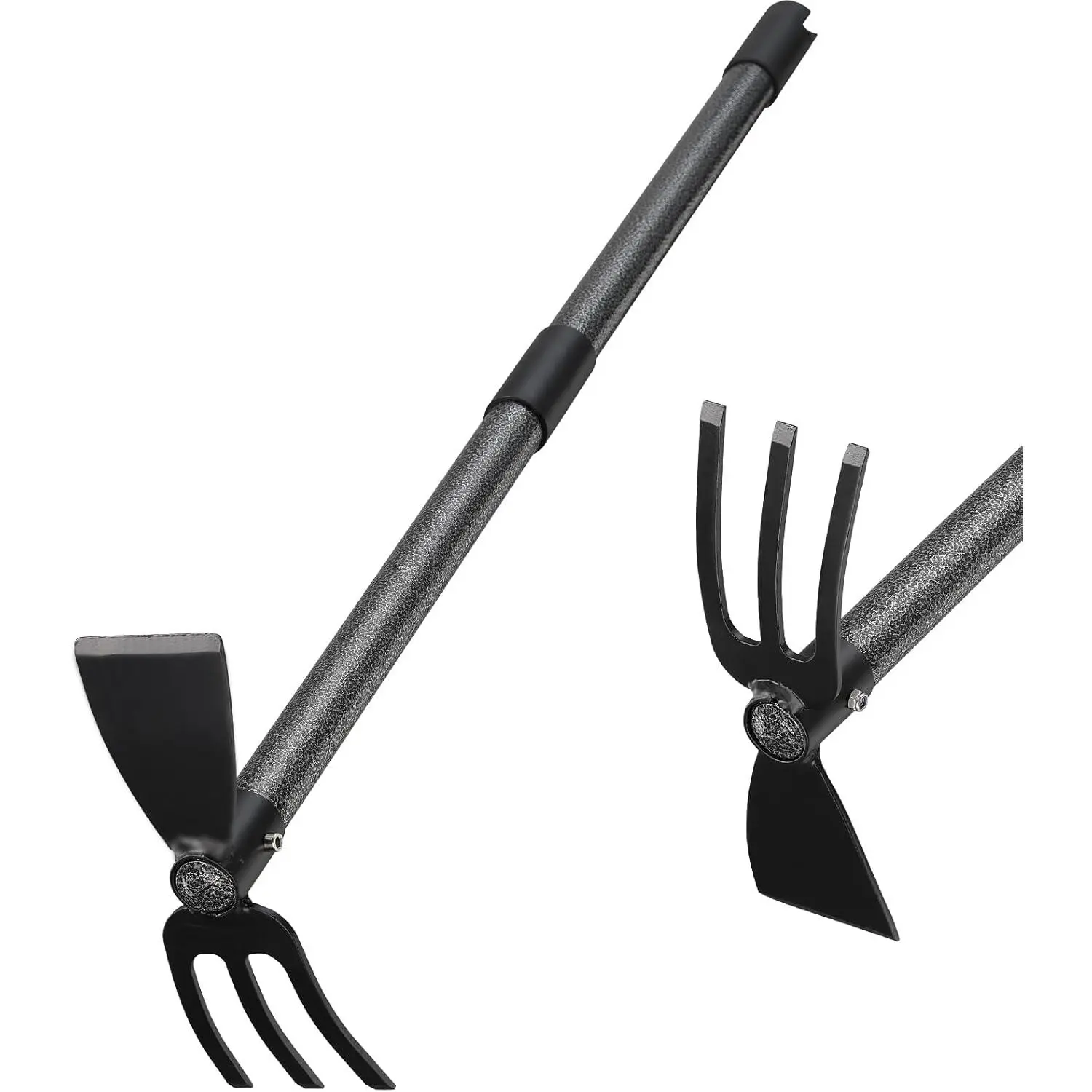 Stainless Steel Gardening Hand Tool Set - Heavy-Duty Hoe, 3-Fork Hand Tiller with 45-in Adjustable Pole, Easy Assembly for Weeding, Planting