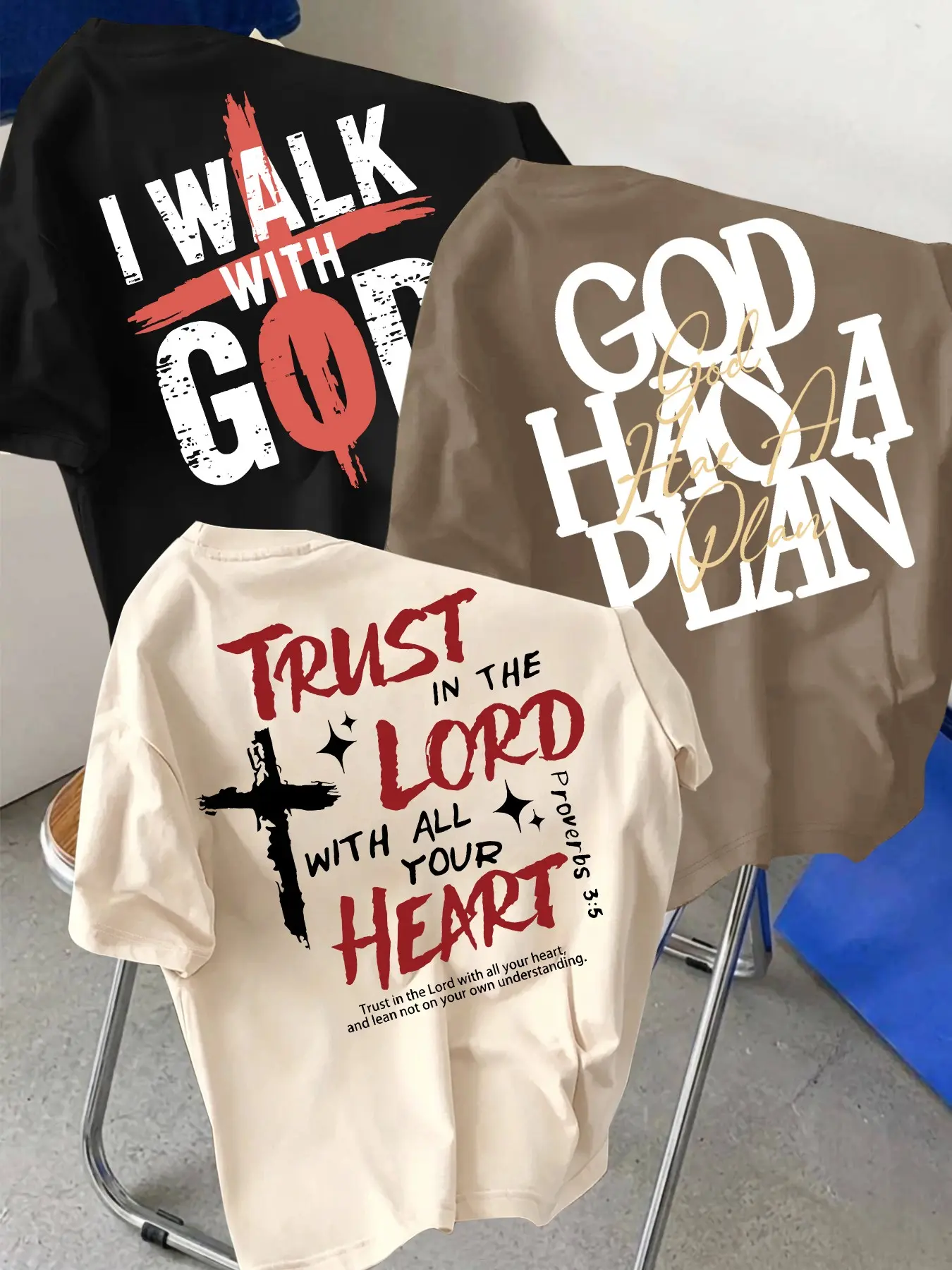 3-Pack Men's Round Neck Short Sleeve T-Shirts, Cross Letter Print, Soft Casual Top, Christian Faith Design, Ideal for Daily Outing