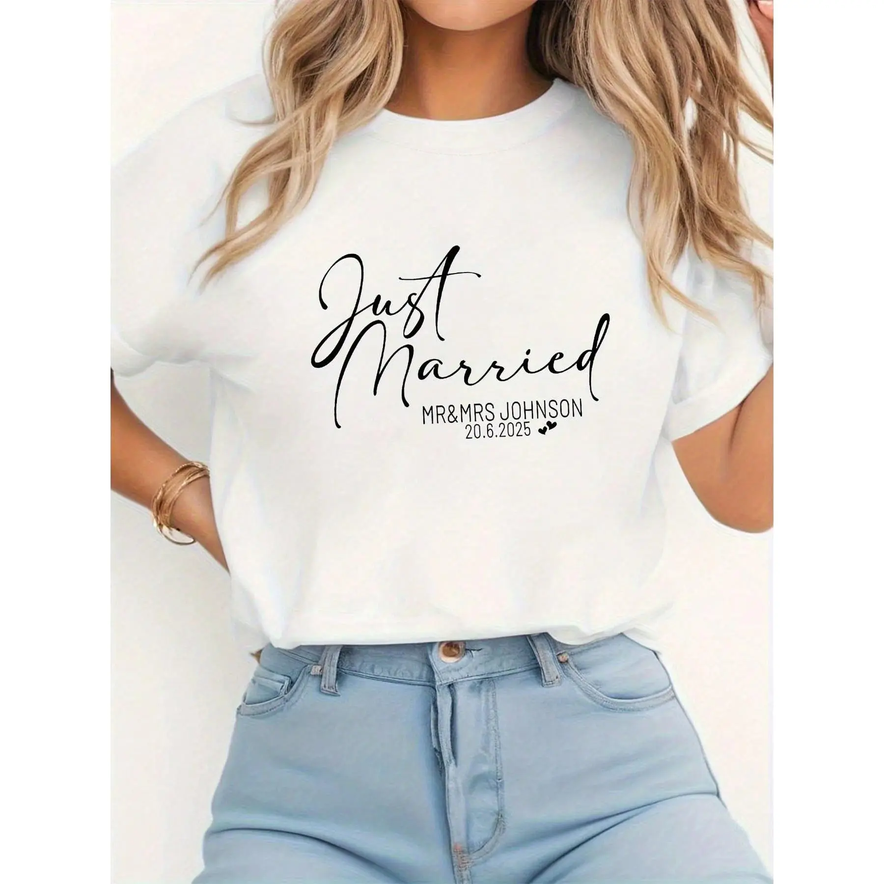 Women's "Just Married" Mr. And Mrs. Johnson Wedding T-Shirt - Bride And Groom Name Style - White Bridesmaid Shirt - Soft Round Neck Casual Top - Machine Washable Wedding Banquet Outfit - Fun Wedding Guest Apparel - Spring Summer Short Sleeve T-Shirt