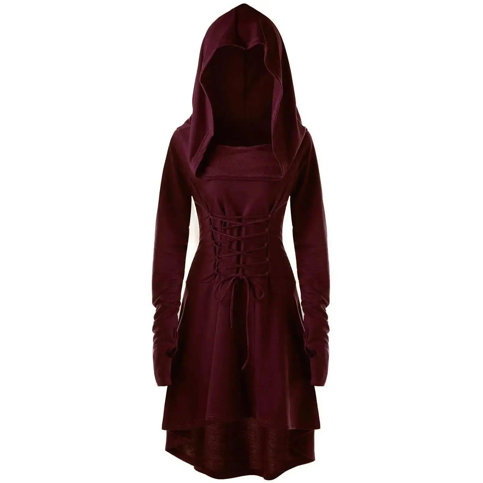 Vintage Womens Dress Cosplay Medieval Renaissance Archer Costumes Hooded Robe Lace Up Pullover Long Hoodie Dress Cloak
