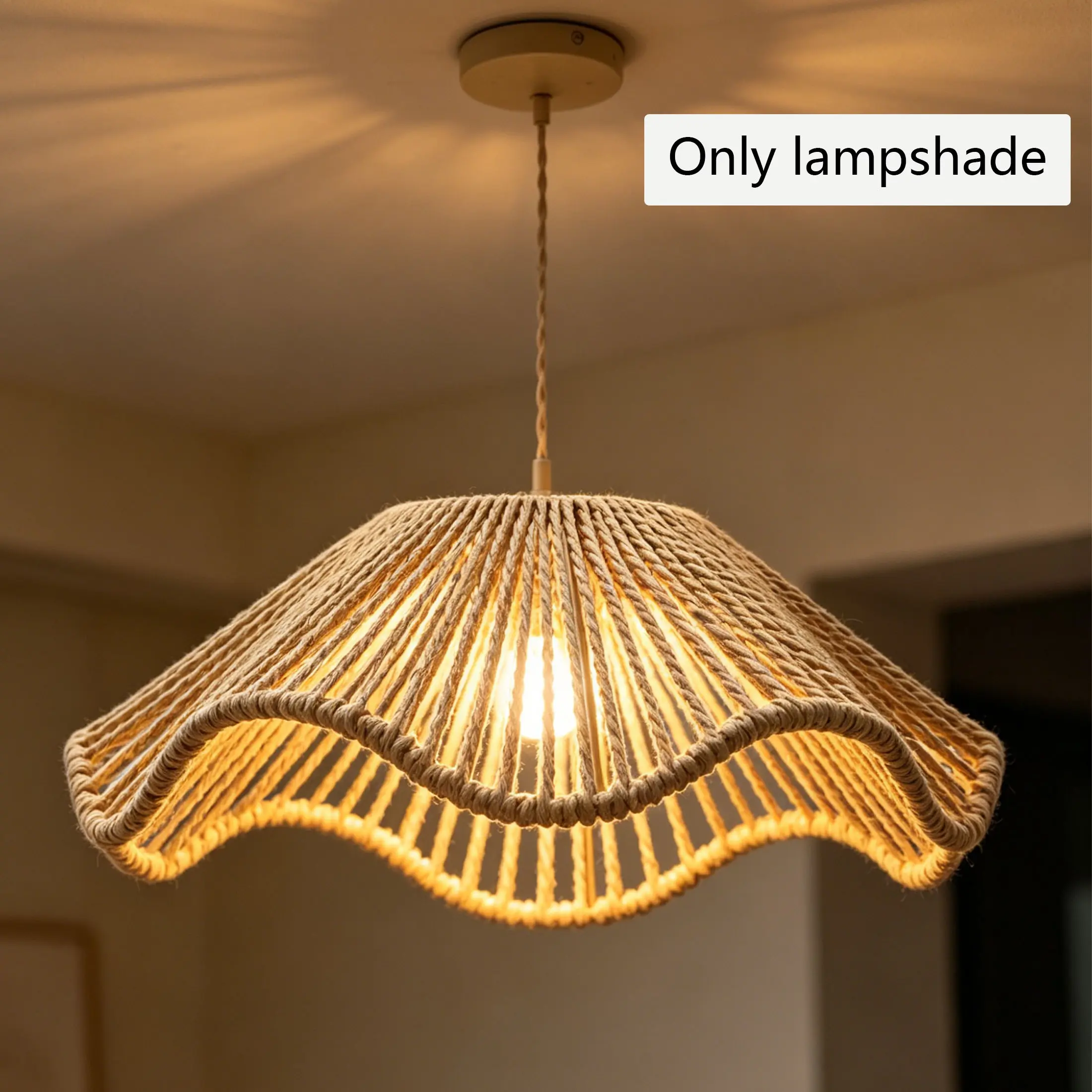 Handmade Wave Paper Lampshade, Bohemian Fringe Paper Rope Pendant Light Cover, Japanese Country Style Decorative Home Lighting Replacement Shell