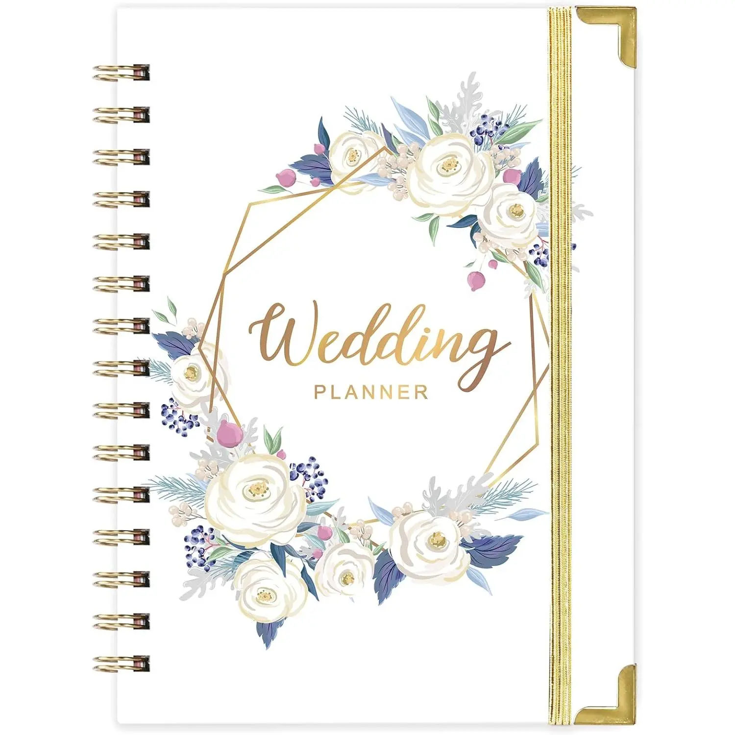 Hardcover Wedding Planning Tool - Bride's Organizer with 5 Tabbed Sections, 6.5"x8.75" Size, Metal Corners, 5 Inner Pockets, Stickers, 220 Pages, Elastic Closure - White
