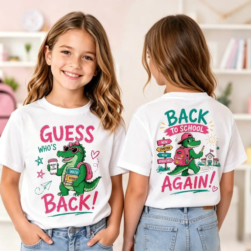 Guess Who’s Back Back To School Again Double Sided T-Shirt, Cute Pink Bow Crocodile Teacher Student Tee, New Chapter School Adventure Graphic Outfit