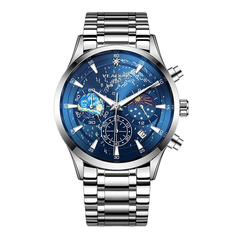 Starry Sky Dial Men Sun Moon Phase Chronograph Watch 5079-black