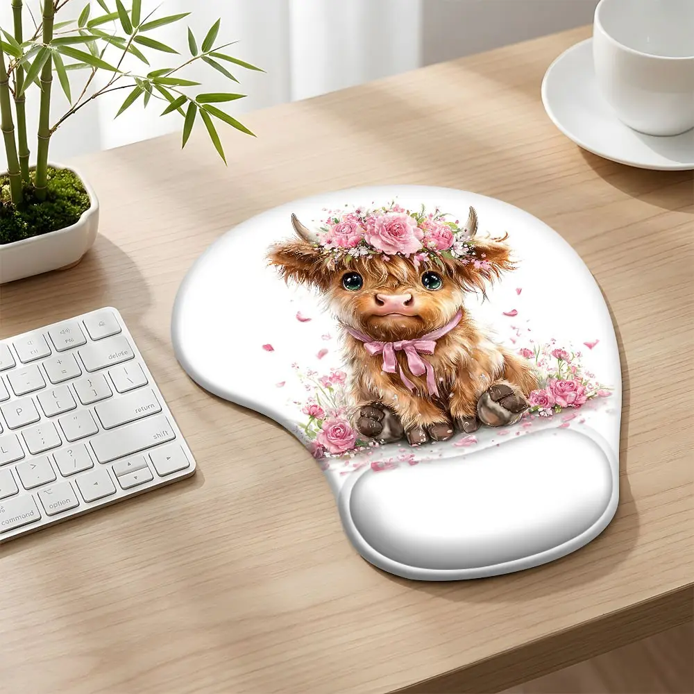 Flower Crown Highland Cow Ergonomic Mouse Pad with Wrist Support, Soft Memory Foam Non Slip Gel Wrist Rest Mouse Mat, Soft Pink Rose Calf Comfort Mousepad for Office Desk Reading Corner Workstation, Perfect Gift for Family Friends Coworkers