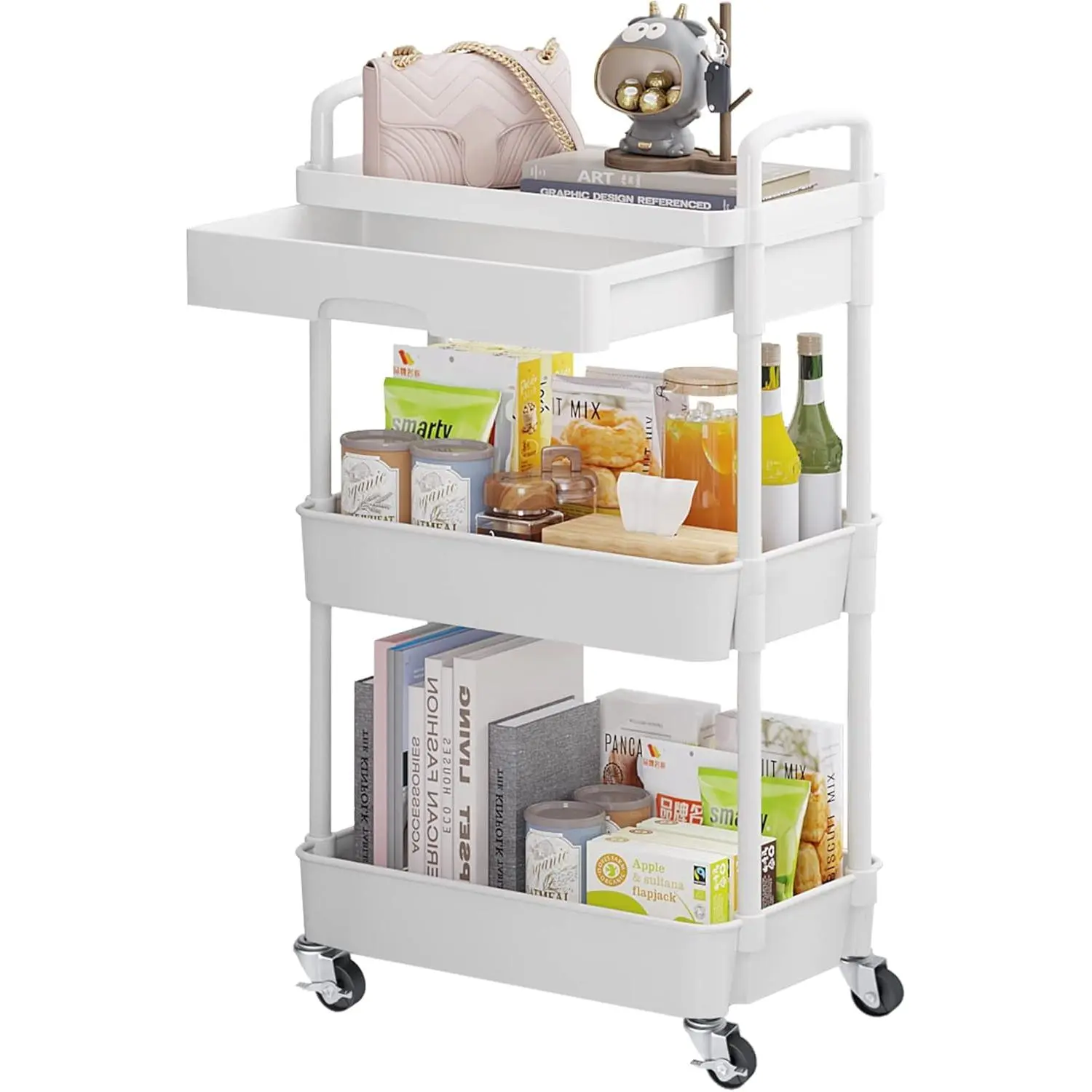 3-Tier Rolling Cart with Drawer, Multifunctional Organizer with Shelf & Wheels, Cart for,, Living Room, Office, White