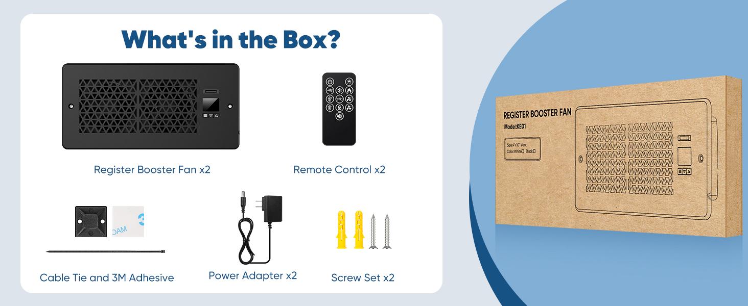 1/2-Pack Register Booster Fan for 4" x 10" Register Holes with Remote Control and Thermostat, 10-Speeds AC Vent Booster - Improves Heating&Cooling Airflow, Quiet Air Duct Fan for Wall