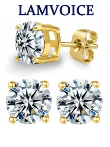 LAMVOICE Solitaire Moissanite Stud Earrings, 18K Gold Plated (Brass Base), Hypoallergenic – 1ct to 2.0ct Pair