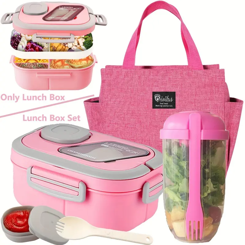 Double Layer Multi - Compartment Lunch Box Set with Lunch Container Cup and Tote Bag for School Office Picnic Food Storage Containers Bento Box Lunchboxes Meal Prep Lunch Box