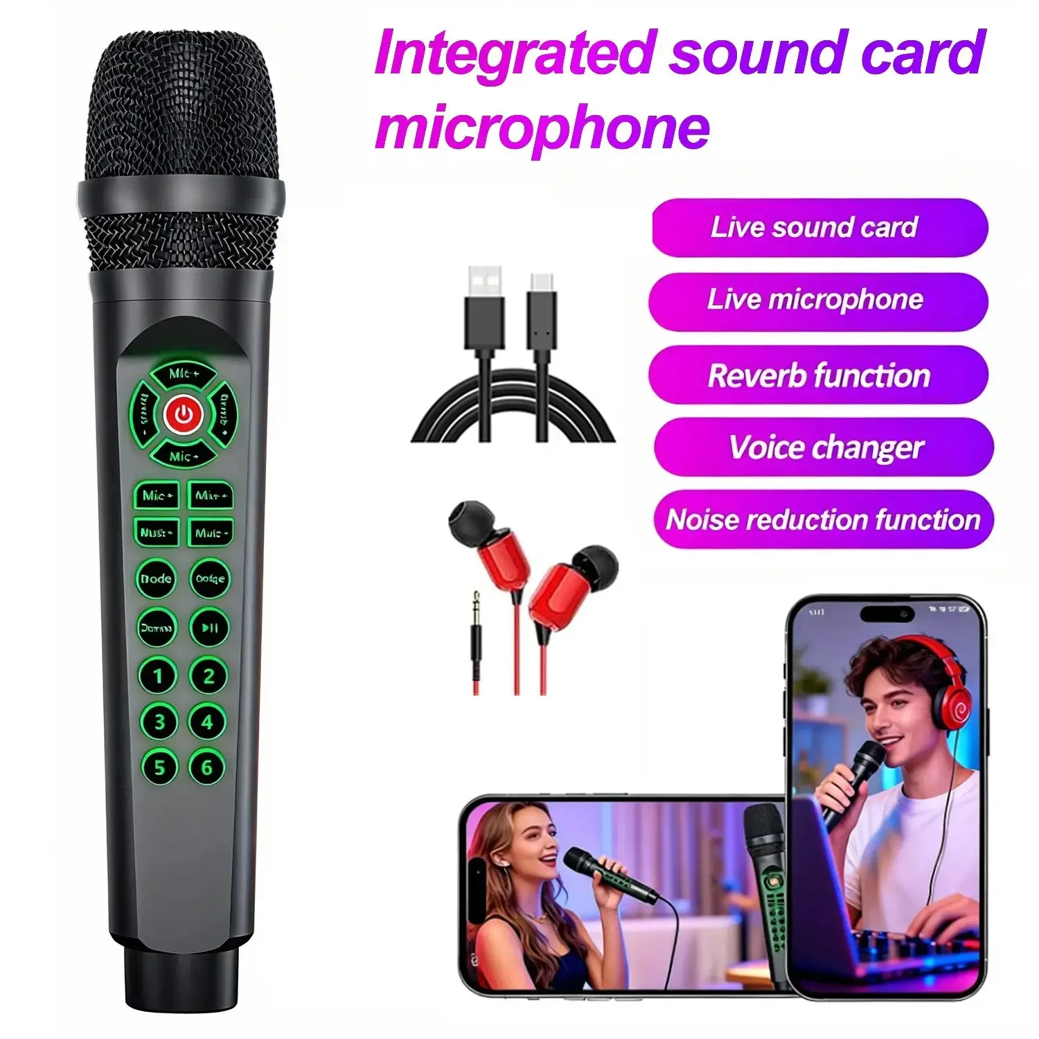 Portable Microphone, Computer Gaming Mic, Professional Podcast Sound Card, Live Streaming Device, Voice Changer, Dj Audio Controller, for Phone Laptop, Game Recording