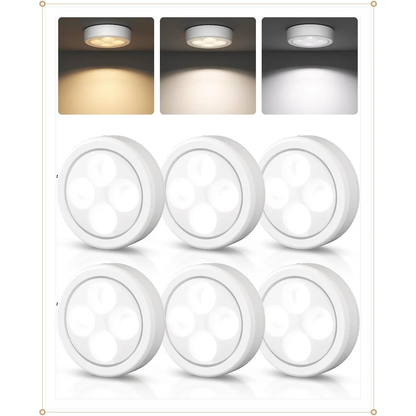 6 Pack LED Puck Lights Rechargeable Wireless Tap Lights with 3 Color Temperatures, Mini Touch Light for Under Cabinet, Closet, Kitchen, Pantry, Shelves, CamperGift