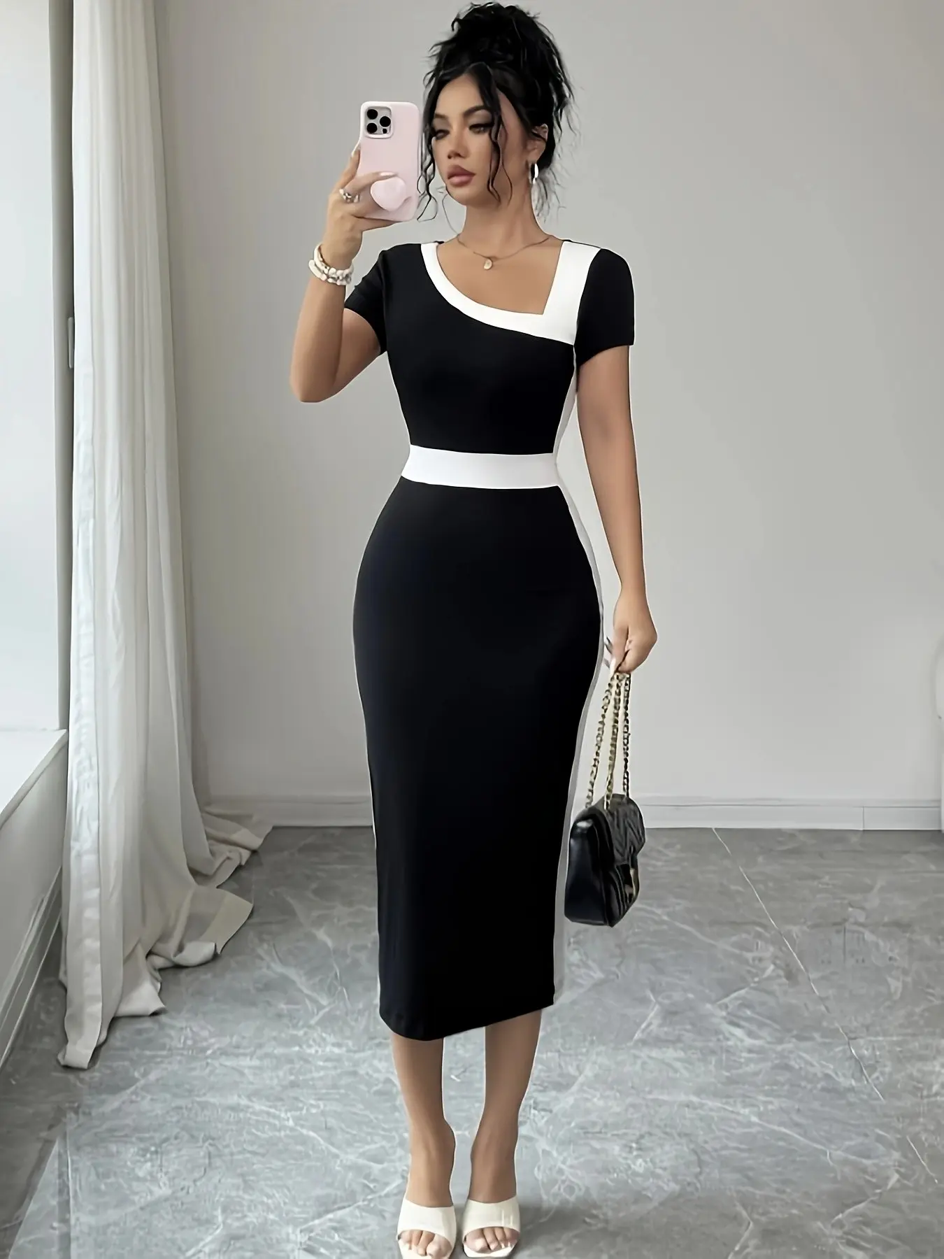 Women's and Colorblock Bodycon Midi Dress, Asymmetric V-Neck Short Sleeve, Slim Fit Pencil Skirt for Office Workwear Party Events, Formal Wear, Elegance
