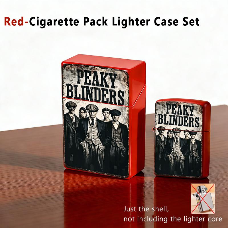 Peaky Blinders Plastic Cigarette Case & Metal Lighter Shell Set, Shelby Family Retro Print, Gothic Crime Drama Gift for Men
