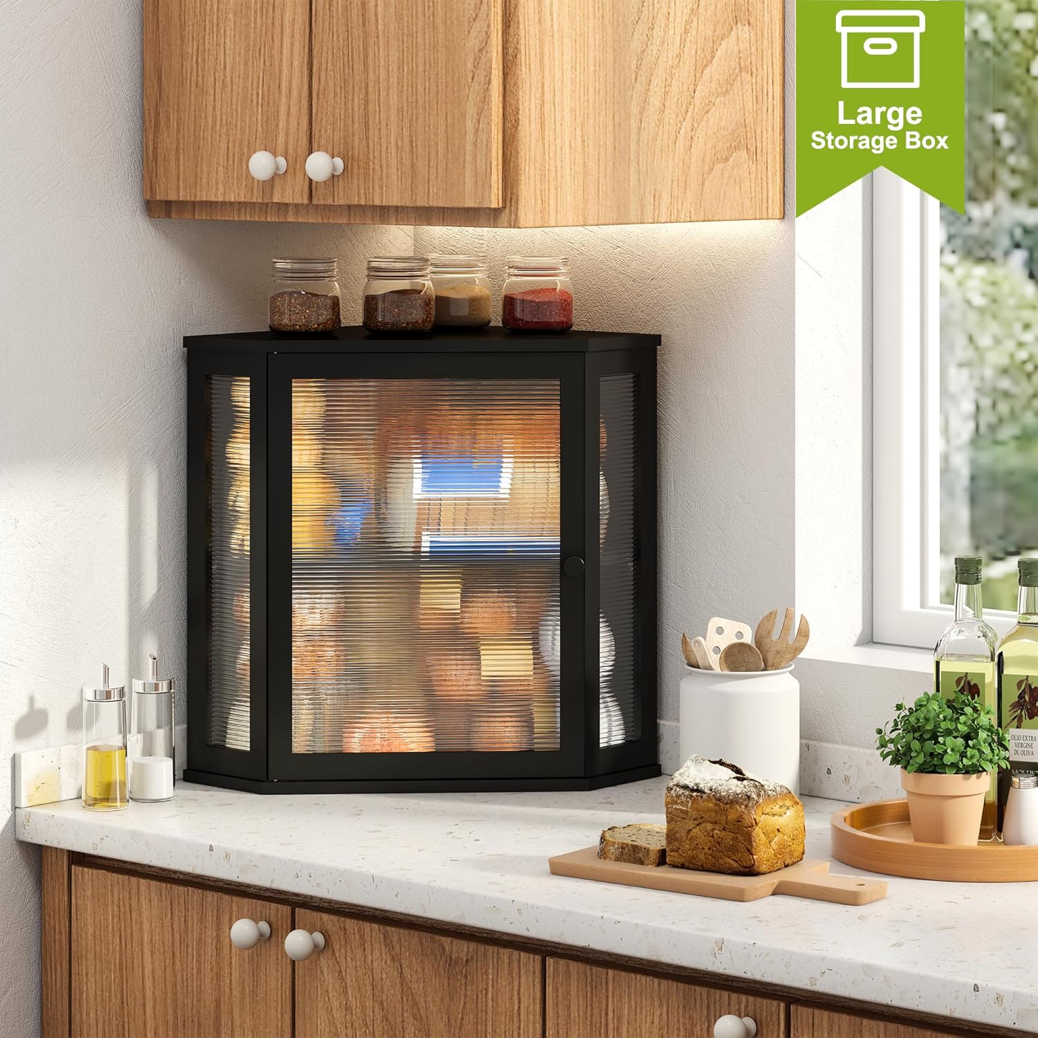 Corner Bread Box for Kitchen Countertop Double Layer  Wooden Bread box Large Capacity Bread Storage Bin(Black, )