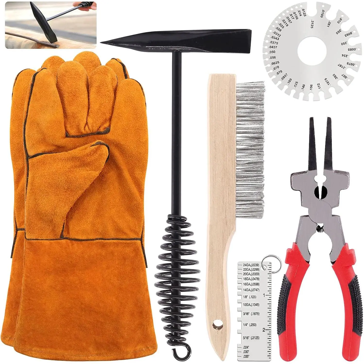 6 count Welding Slag  Set, 8inch Welding Pliers, Welding Chipping Hammer, Wire Brush Wire Scratch Brush and 2 Stainless Steel Metal Sheet Thickness Gauges