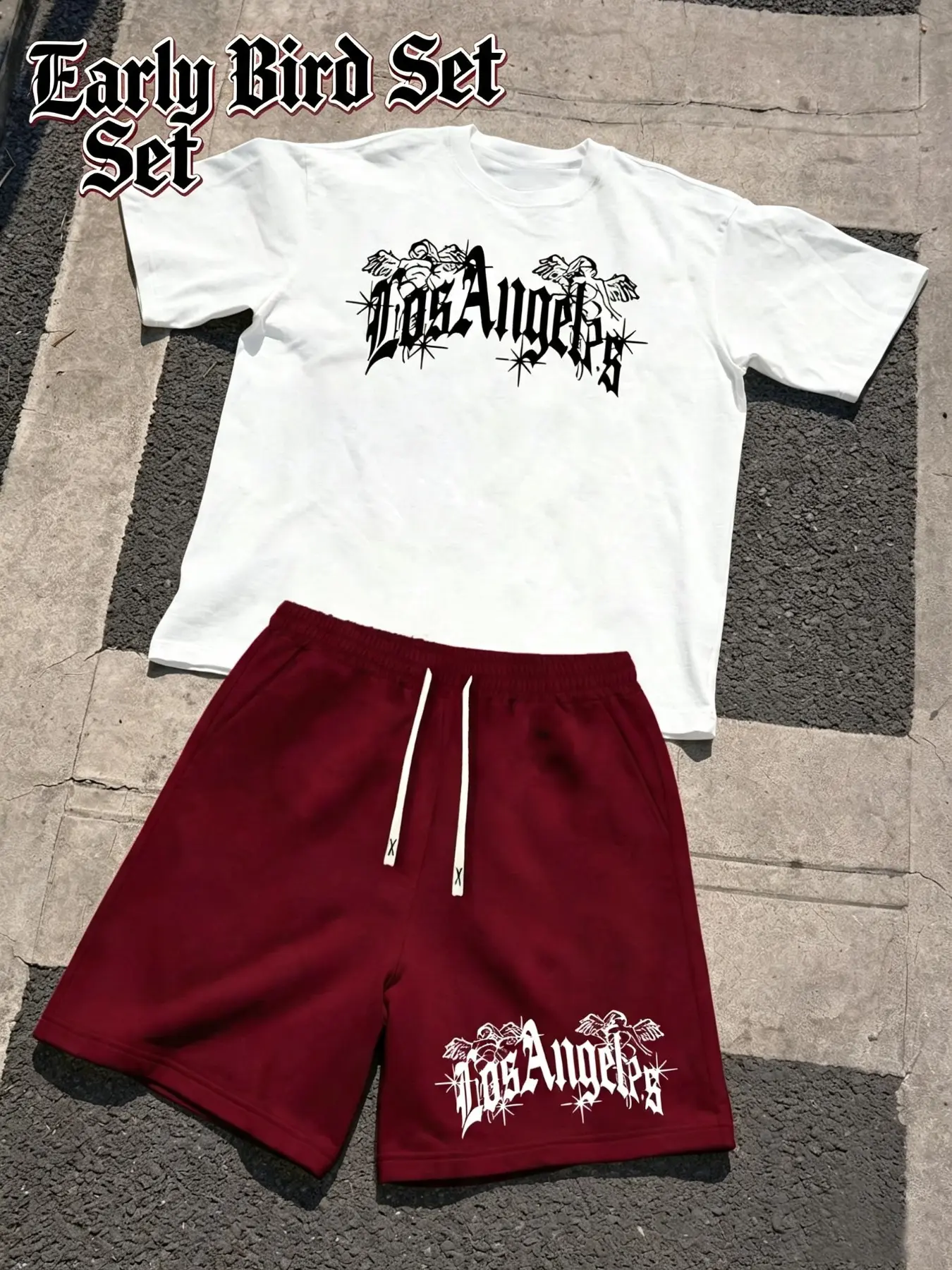 Men's Gothic Style Letter Print 2-Piece Set, T-Shirt + Outdoor Sports Drawstring Shorts, Ideal for Fitness and Casual Wear