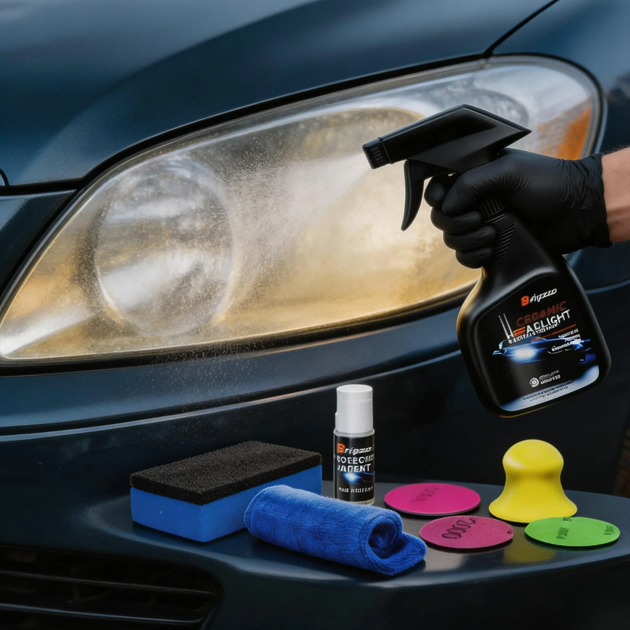 Car Headlight Restoration Kit - 180ML Headlight Restoration Fluid Easy-Apply Quick Spray Bottle Cleaner with Crystal Coating, Anti-Yellowing UV Protection Polish, Heat Resistant Auto Care Accessory for Night Driving Safety, Vehicle Detailing & Enhancing A