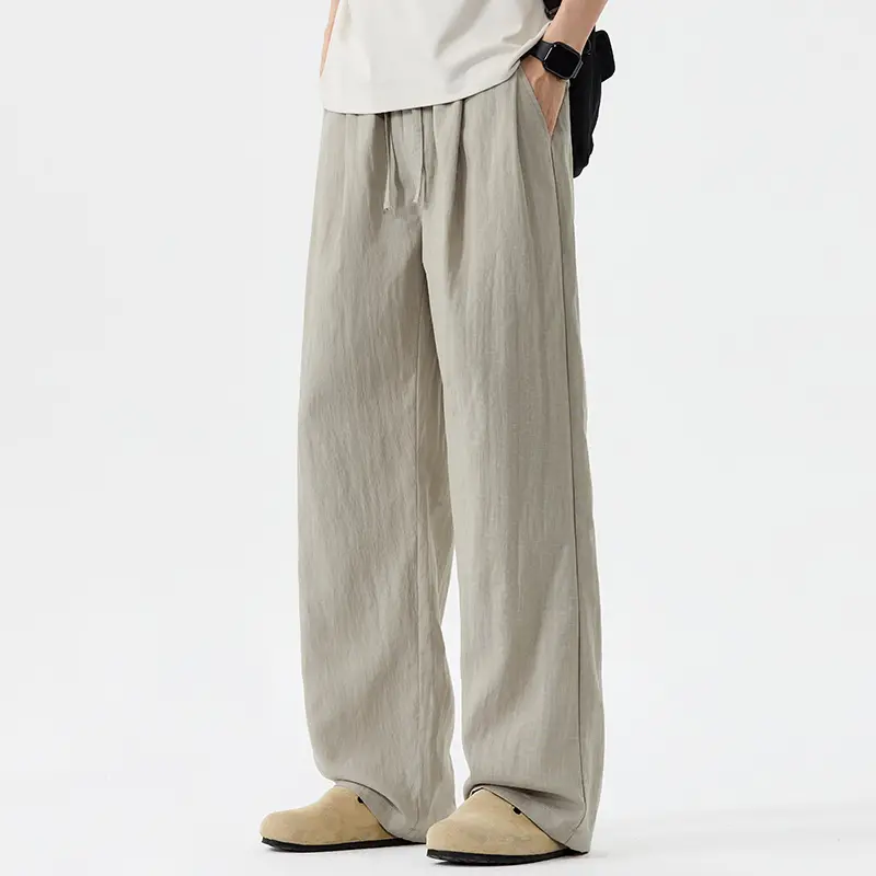 Men's Solid Color Wrinkled Linen-Blend Wide Leg Pants - Comfortable Basic Elegant Bottoms, Loose Full-Length, Breathable Lightweight Fabric, Simple Side Pockets, Minimalist Casual Trousers for Summer Daily Travel