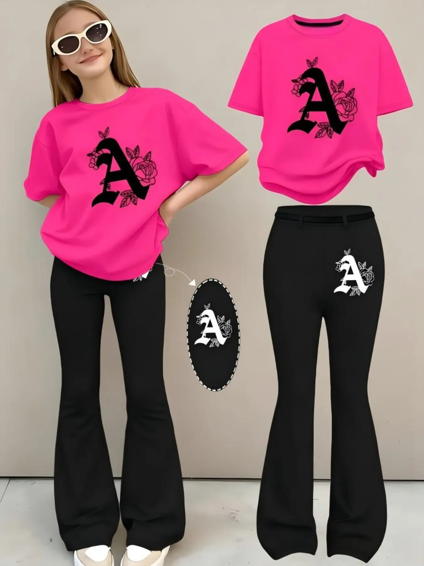 Classic everyday casual stretch lightweight gothic rose letter A graphic short top and black flare long pants matching set for young girls after school picnic coffee date city shopping trending girls spring summer teen streetwear fashion inspo