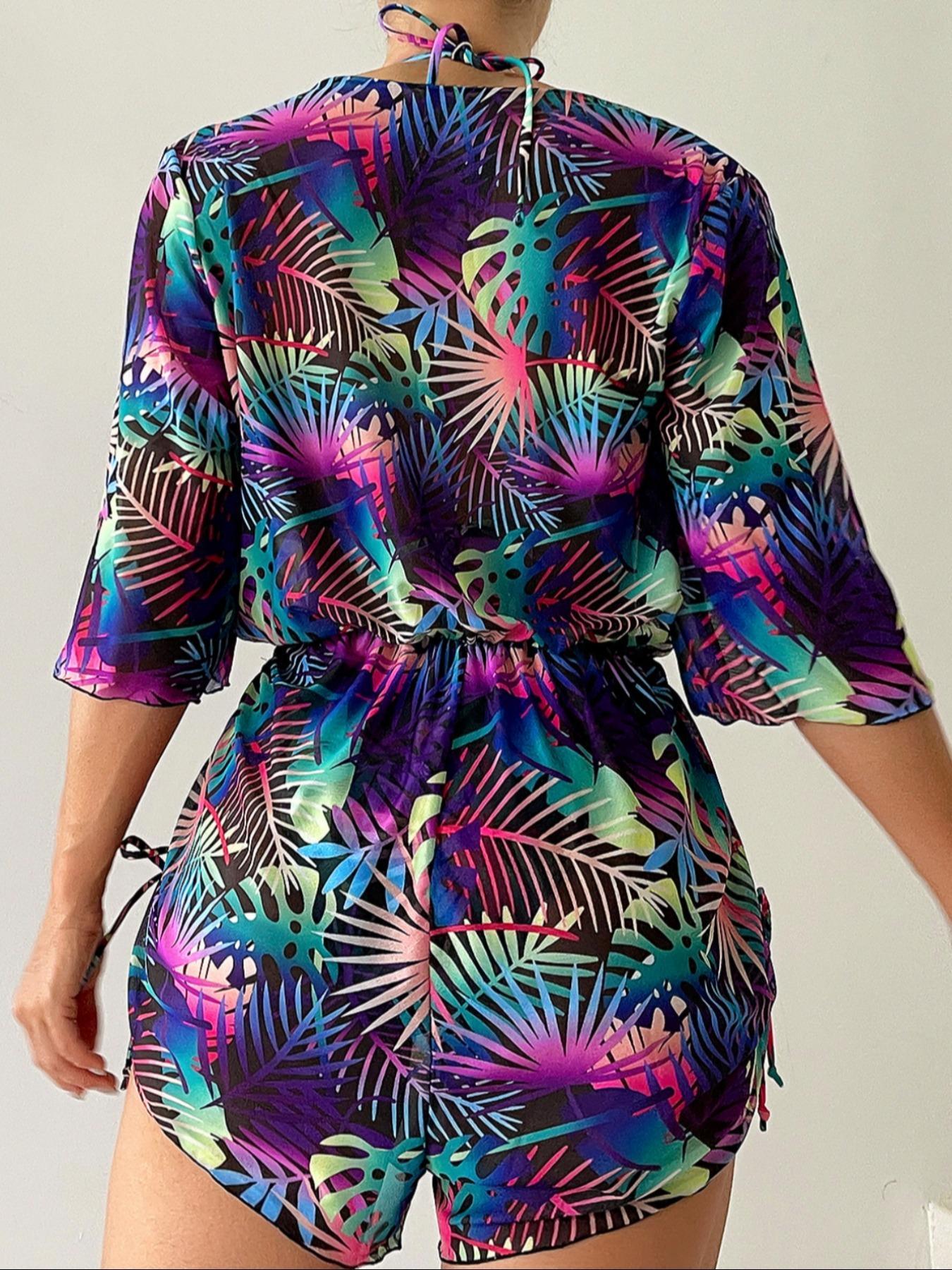 Three-piece Set Women's Plants Print Swimsuit Set, Including Swimsuit Cover Up & Halter Top & Panty, Fashion Chic Ladies Bathing Suit for Beach Holiday Vacation, Leaf Print Bikini