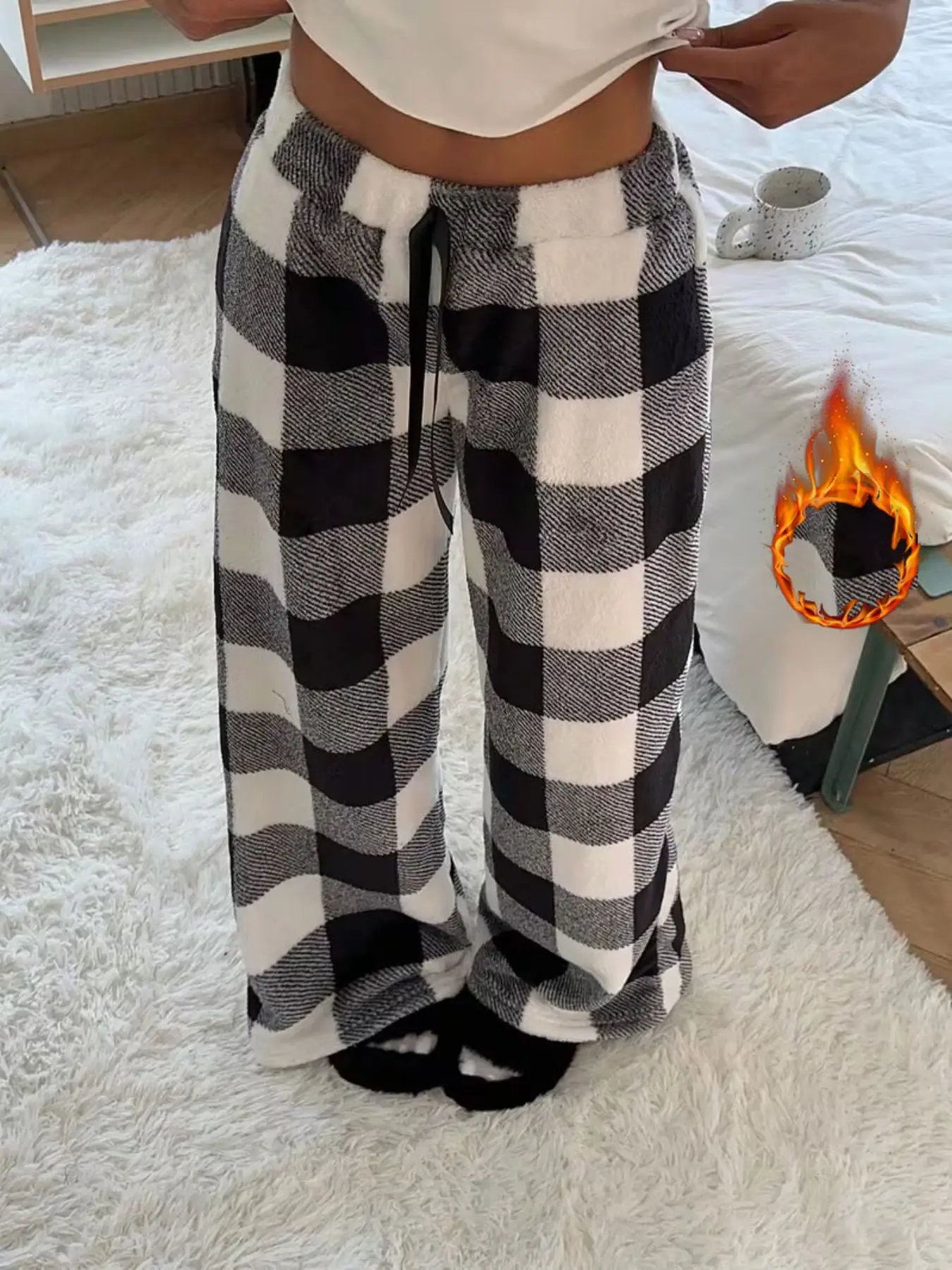 Women's Classic Retro Plaid Fuzzy Wide Leg Sleep Pants, Loose Elastic Waist Long Pants, Warm Comfortable Casual Home Wear