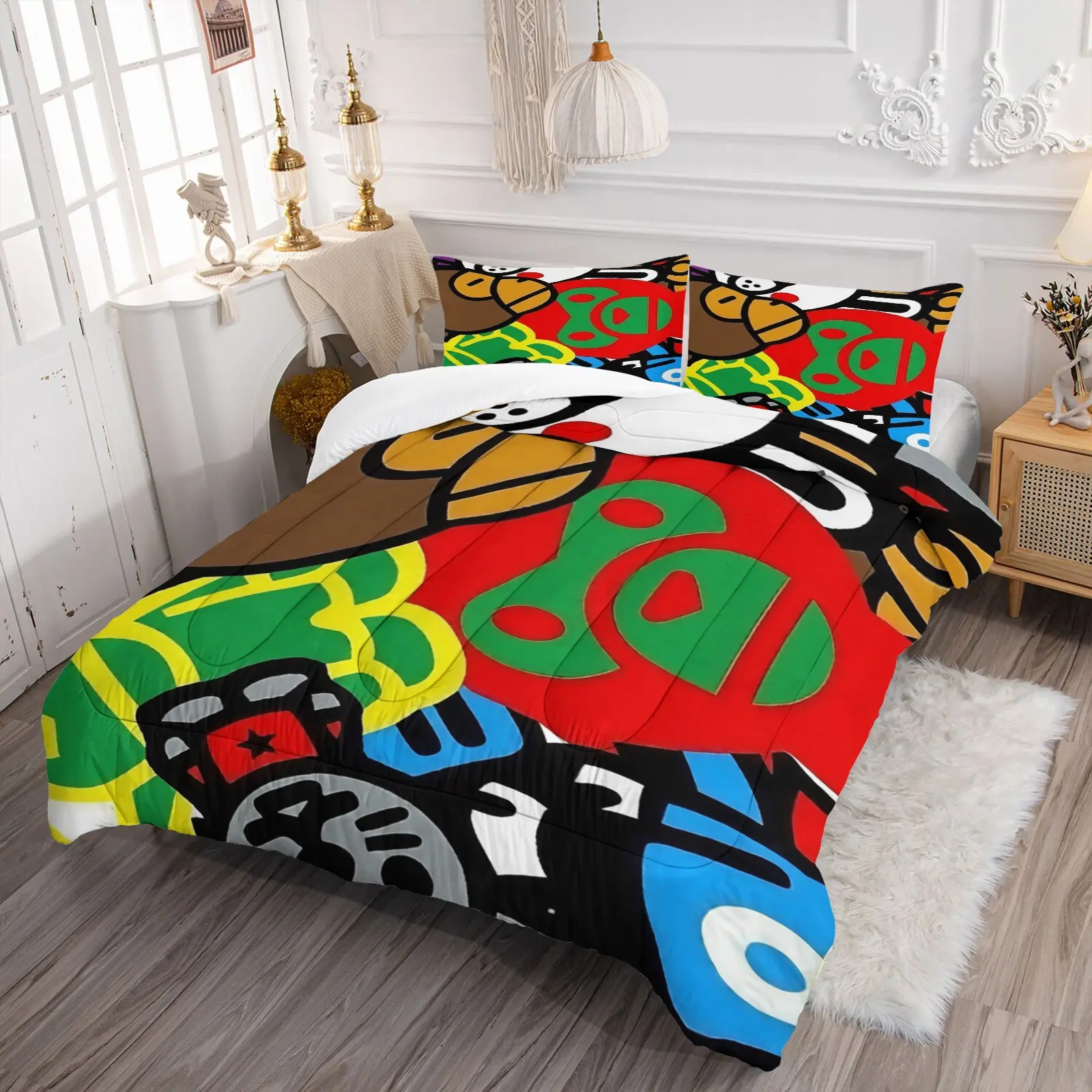 American Retro Colorful Street Graffiti Cartoon Animal Print Quilted Comforter Set, Include 1 Quilt Core and 1/2 Pillowcases, Contrast Trend Illustration Patterns Design Comforter, Machine Washable Quilt Sets
