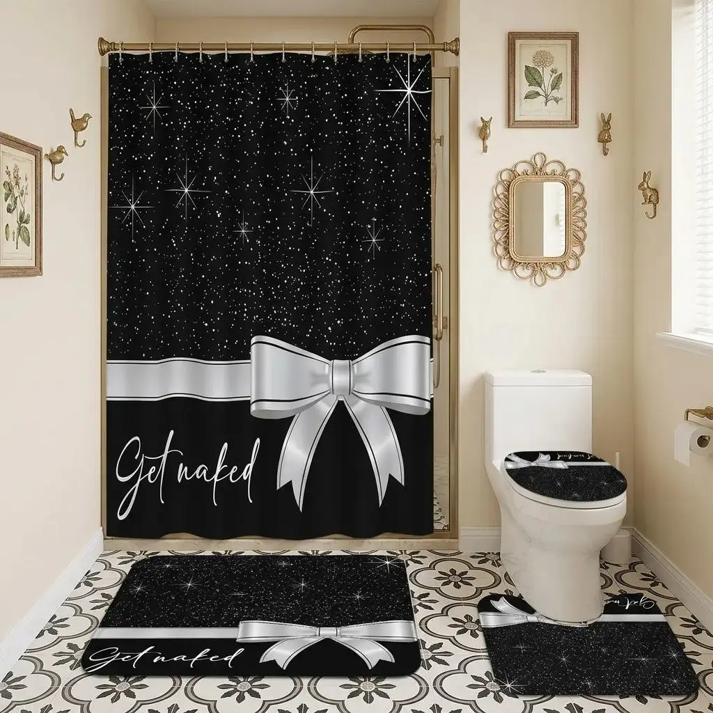 1/4pcs Black Silver Glitter Bow Shower Curtain Set – Soft Thick Fabric with Sparkling Stars & Elegant Ribbon, Inspired Bathroom Decor, Extra Plush Bath Mats for Luxurious Comfort, Bathroom Decoration Accessories, Bathroom Accessory