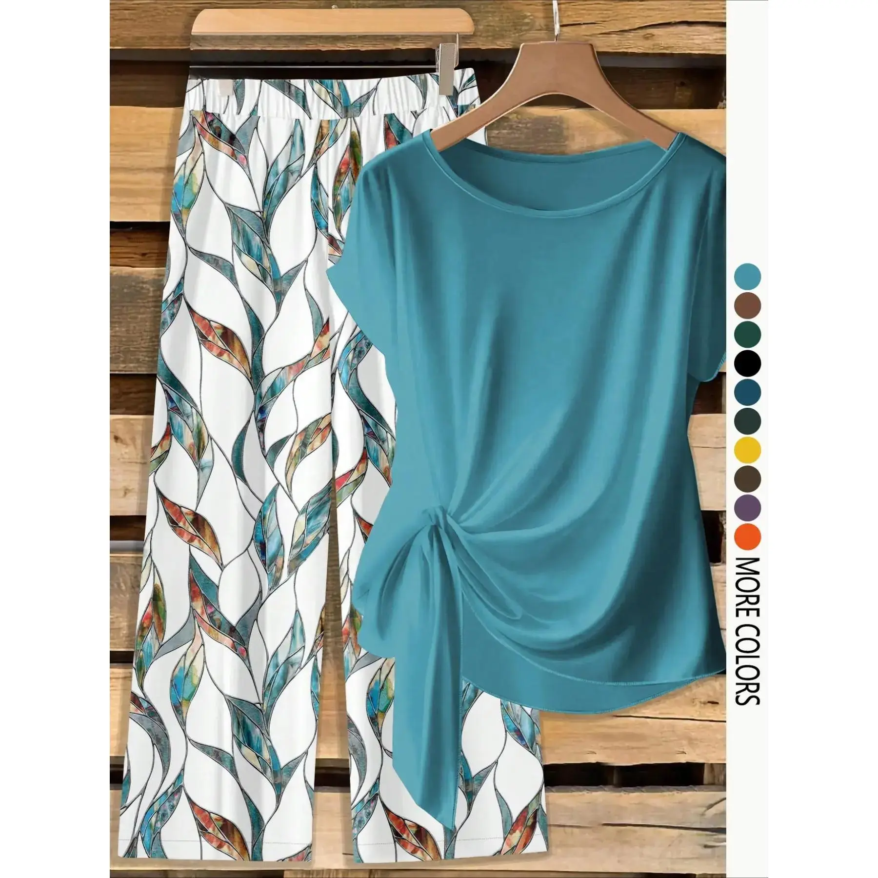 Women’s Printed Shirt and Pants Set, Knot Front Top with Loose Straight Leg Trousers, Comfortable Lightweight 2 Piece Summer Outfit