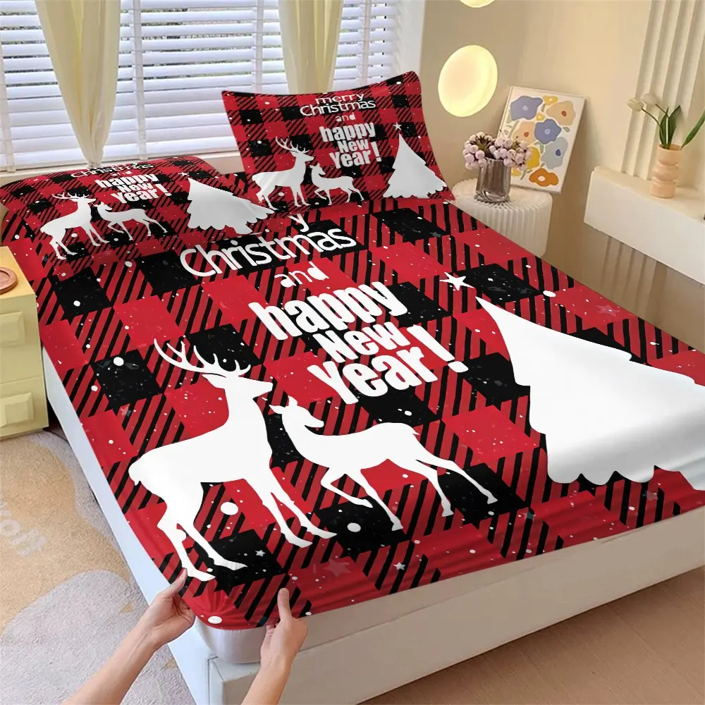 Water Buffalo Plaid Santa Deer Bed Sheet Set, Christmas Tree Merry Christmas Full Coverage Non-Slip Mattress Protector, Twin Pillowcase