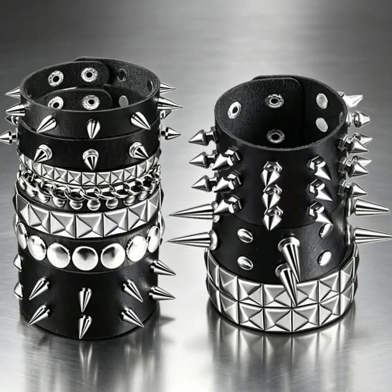9-Piece Punk Bracelet Set, Gothic Faux Leather Studded Wristbands with Chain, Skull & Star Accents, Layered Jewelry for Men's Party & Daily Wear, Yes, Skull Ring Bracelets & Bangles, Gothic Style, Pu Leather, Mechanical Chain Bracelets & Bangles