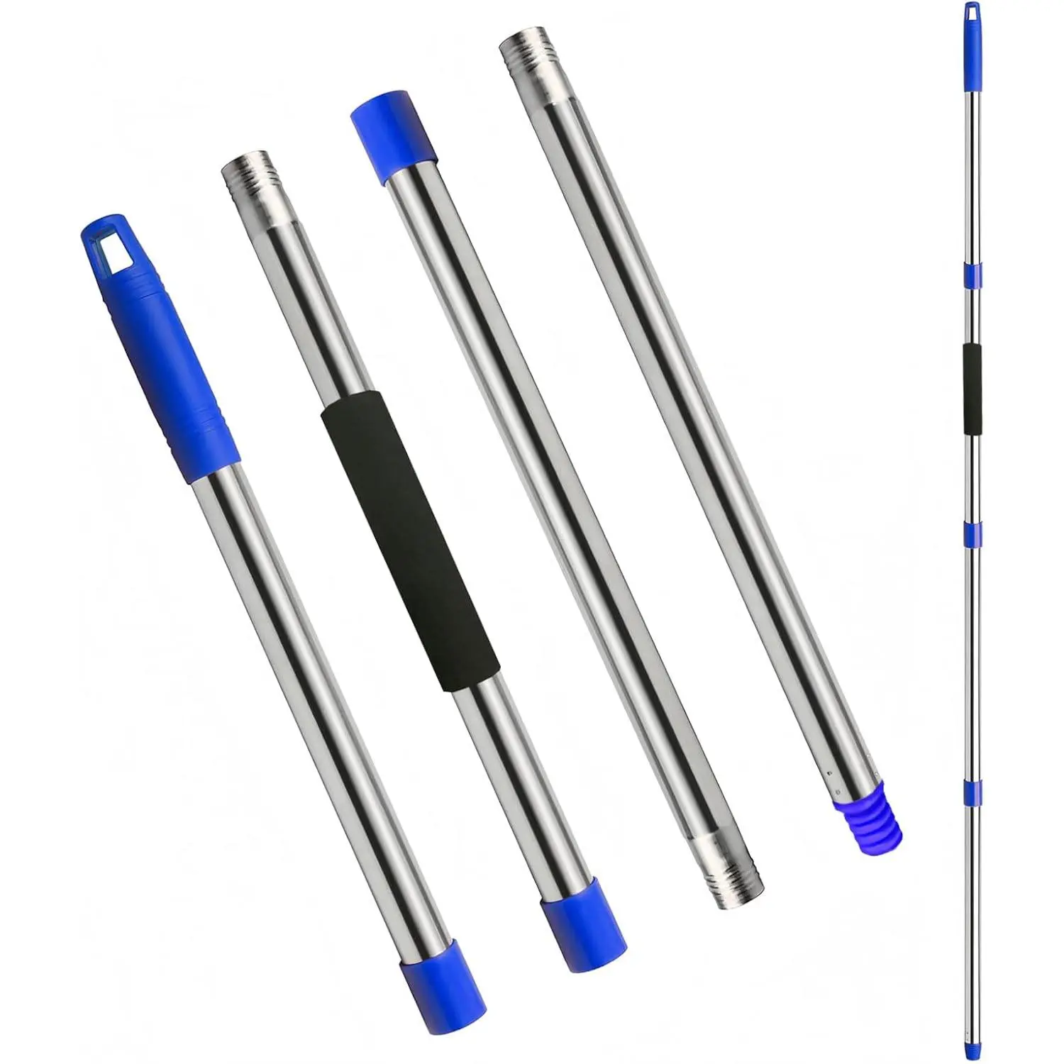 Mop Handle Replacement 4-Section Adjustable from 30" to 58" Durable Stainless Steel Mop Pole with American Thread Joint for Spin Mops & Brooms Blue