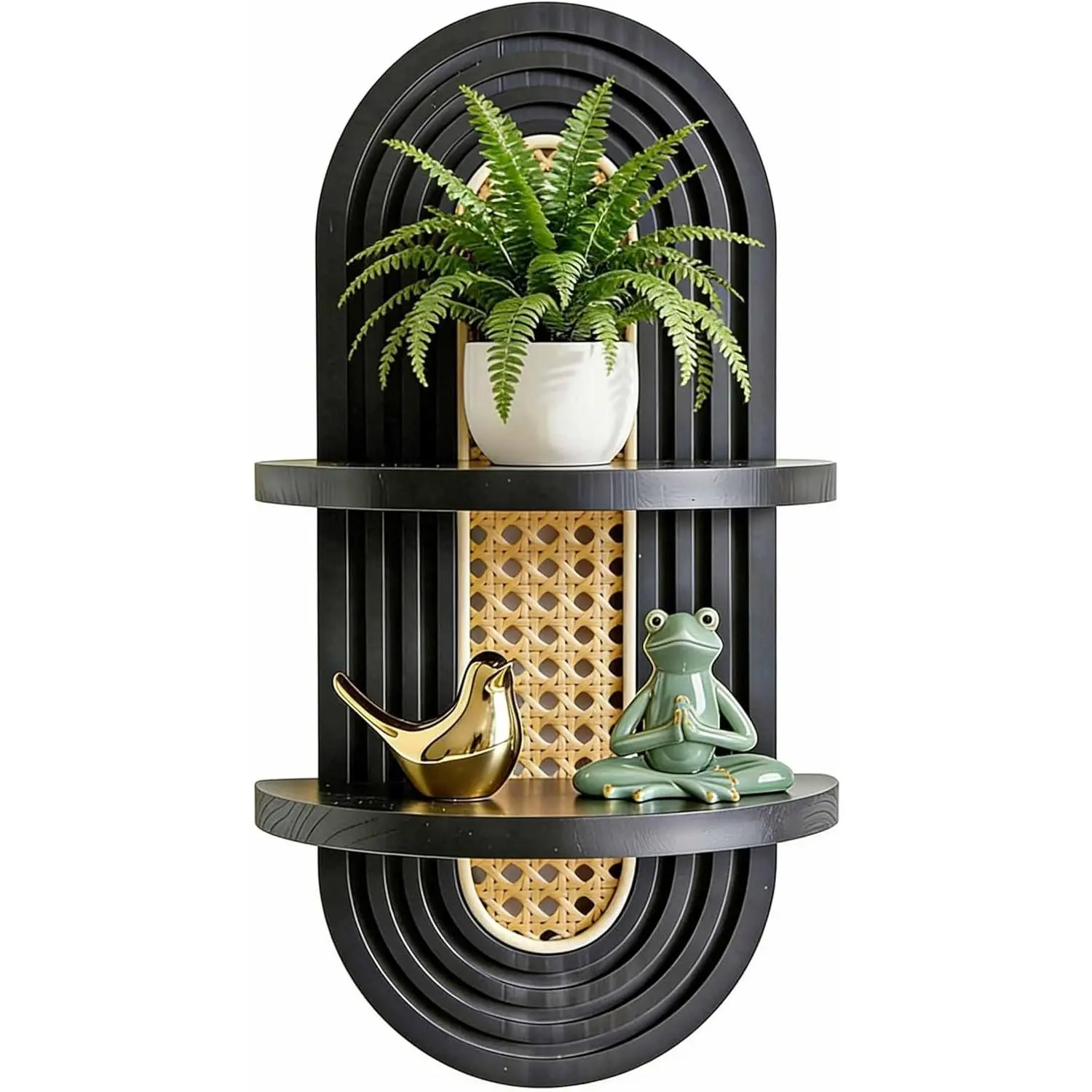 2-Tier Woven Rattan Floating Shelves, Mid-Century Modern Boho Wooden Wall  Decor  Shelf for Living Room, Bedroom, Bathroom,  Office, Ideal for Small Planters & Accents (Black)