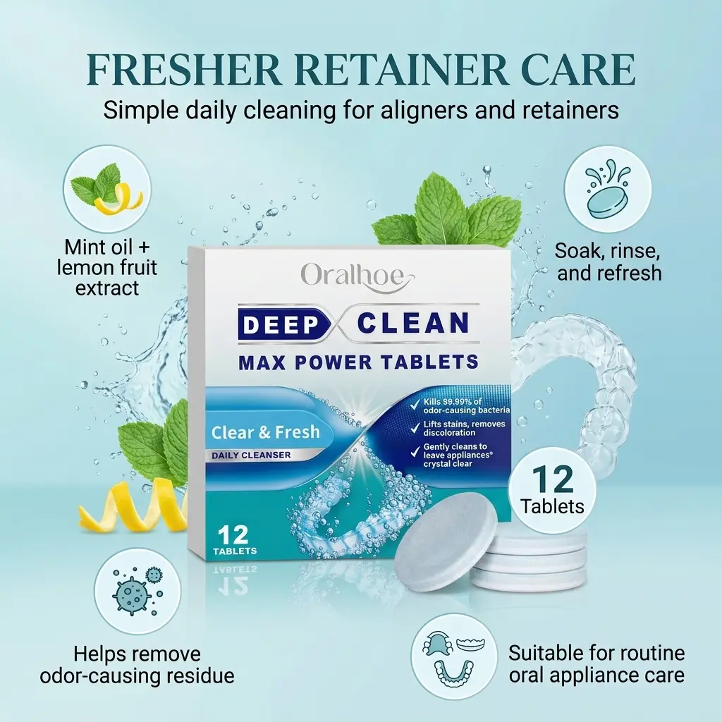 Retainer Cleaner Tablets, Effervescent Aligner Cleaning Tabs for Clear Aligners, Braces Trays, Dentures, Mouth Guards, Odor Care, Gentle Stain Cleaning, Dental Appliance Cleaner, Fresh Care and Daily Orthodontic Retainer Maintenance Use